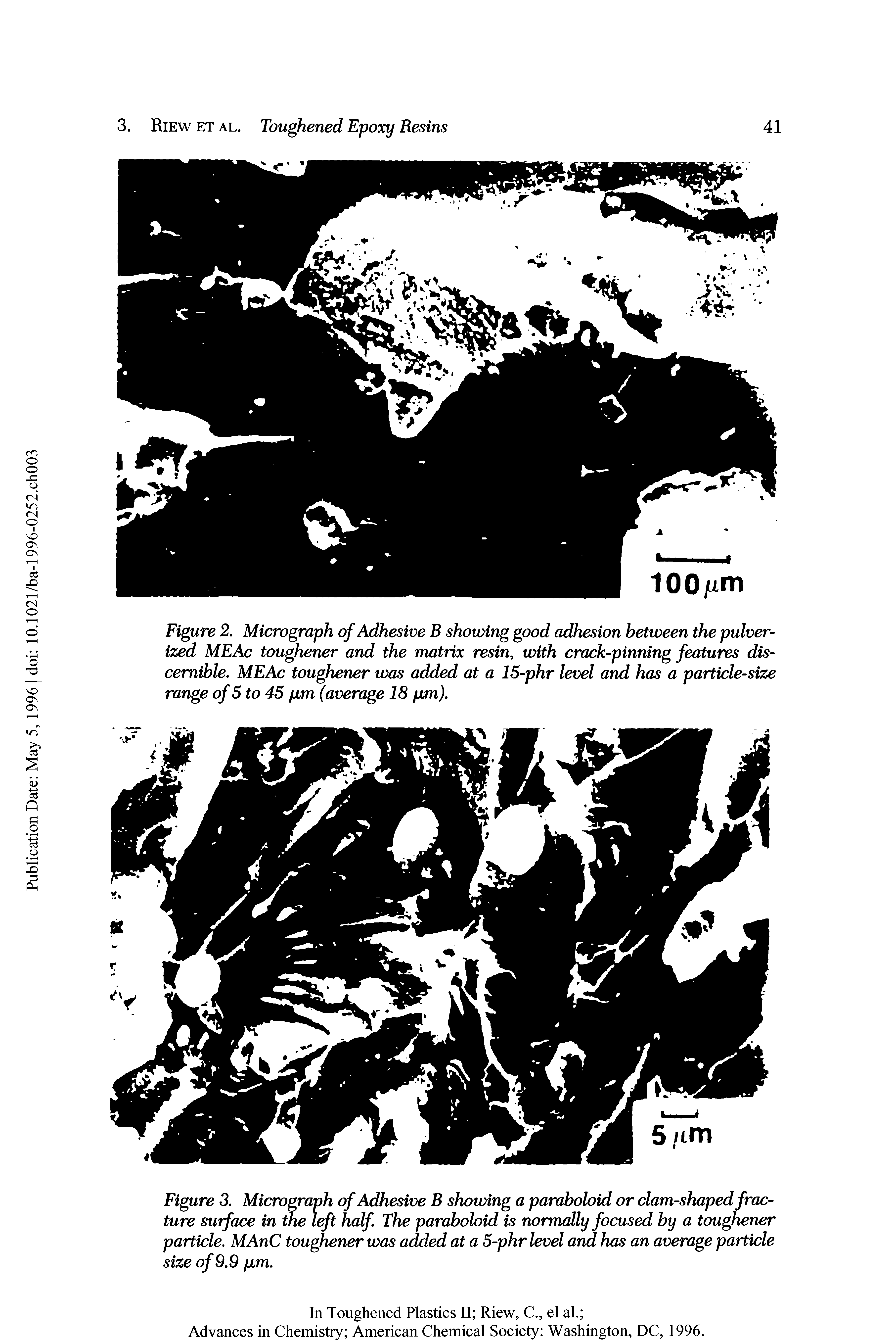 Figure 2. Micrograph of Adhesive B showing good adhesion between the pulverized MEAc toughener and the matrix resin, with crack-pinning features discernible. ME Ac toughener was added at a 15-phr level and has a particle-size range of 5 to 45 pm (average 18 pm).