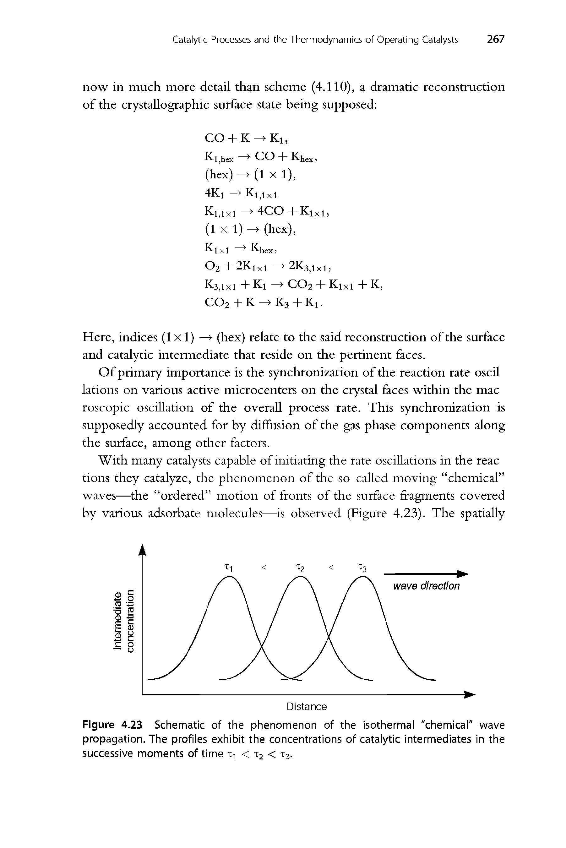 Figure 4.23 Schematic of the phenomenon of the isothermal "chemical" wave propagation. The profiles exhibit the concentrations of catalytic intermediates in the successive moments of time tt < T2 < T3.