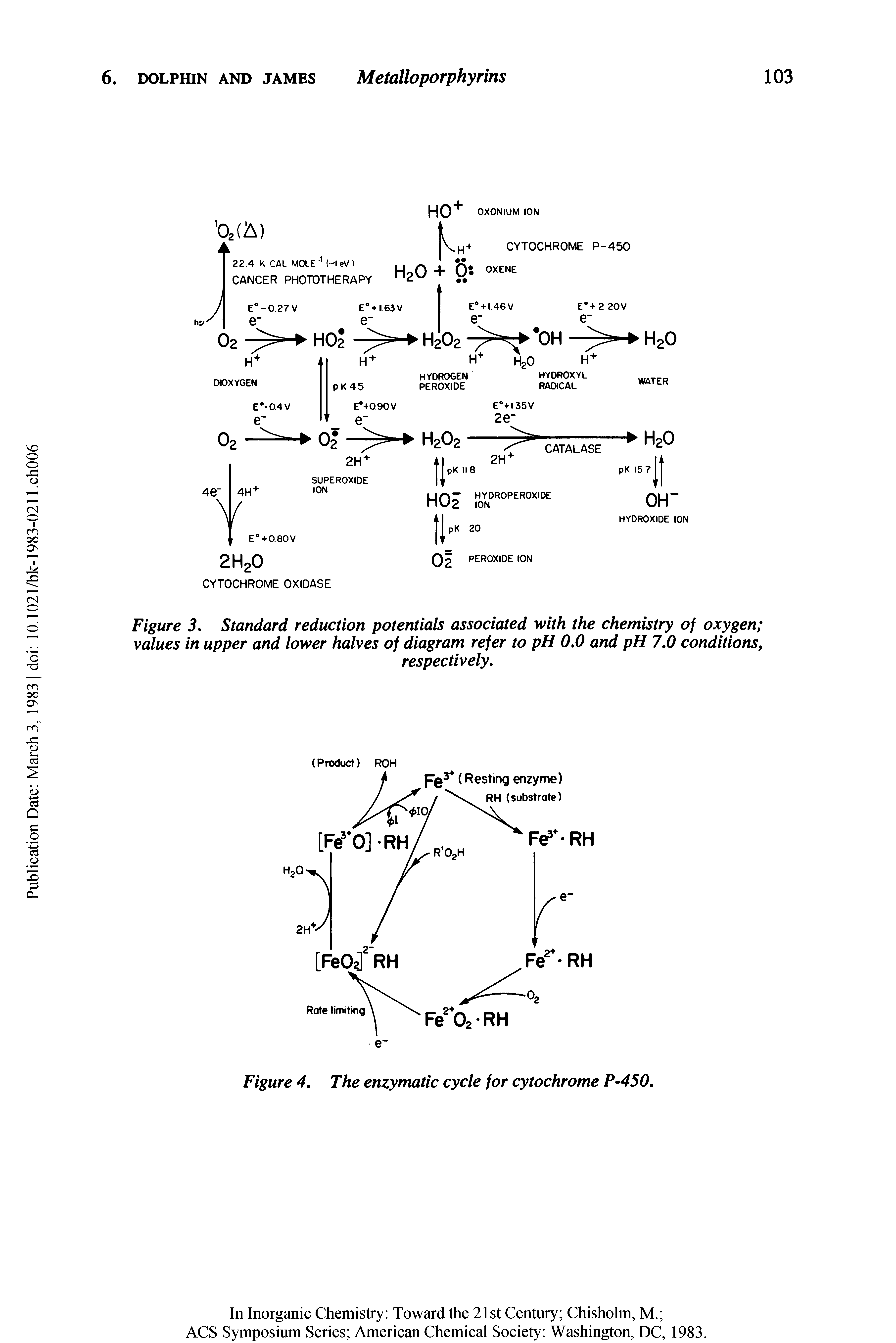 Figure 3, Standard reduction potentials associated with the chemistry of oxygen values in upper and lower halves of diagram refer to pH 0,0 and pH 7,0 conditions,...