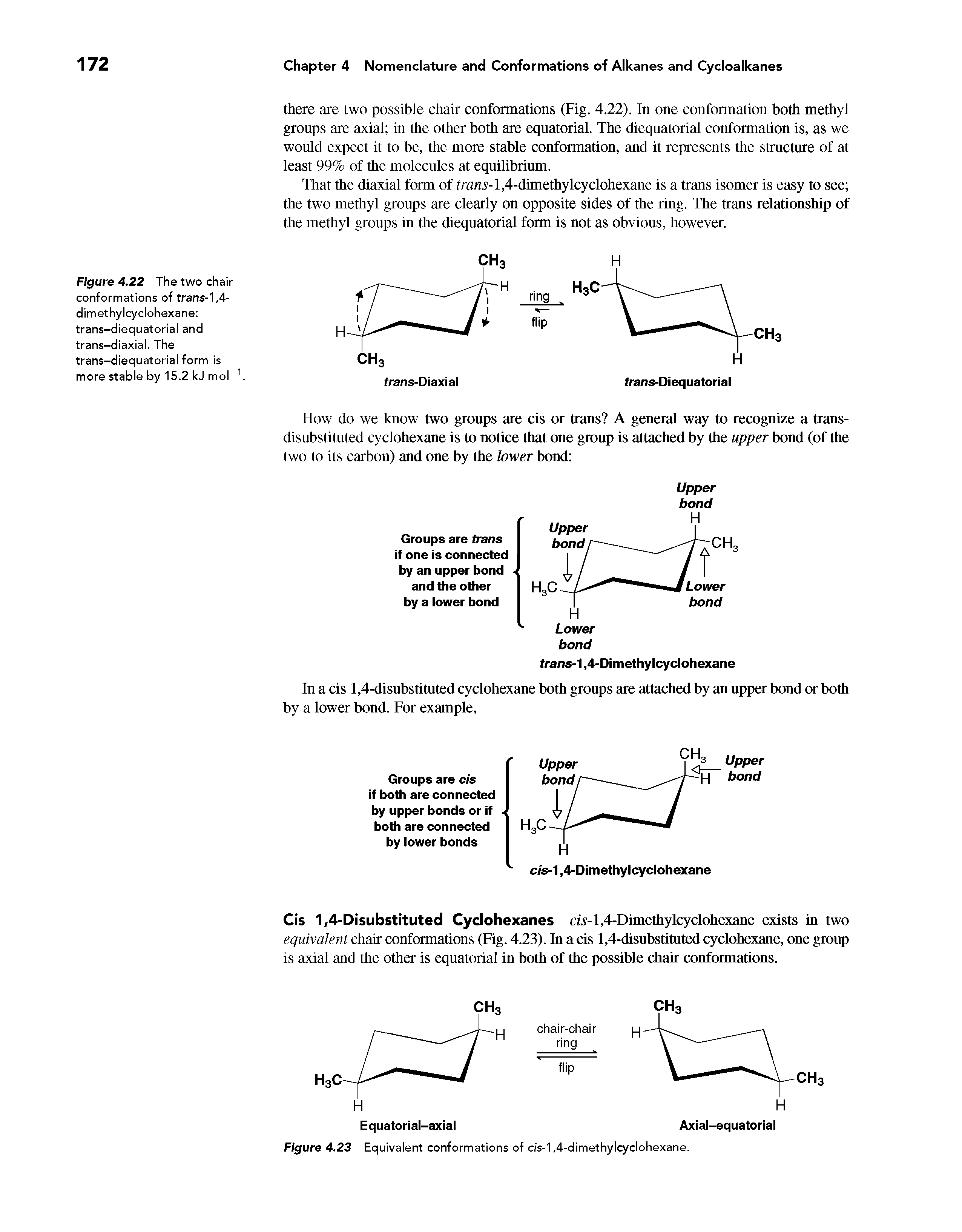 Figure 4.22 The two chair conformations of trans-1,4-dimethylcyclohexane trans-diequatorial and trans-diaxial. The trans-diequatorial form is more stable by 15.2 kJ moF ...