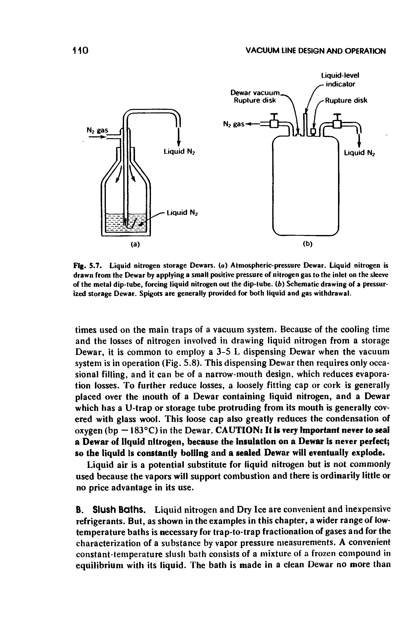 Fig. 5.7. Liquid nitrogen storage Dewars, (a) Atmospheric-pressure Dewar. Liquid nitrogen is drawn from the Dewar by applying a small positive pressure of nitrogen gas to the inlet on the sleeve of the metal dip-tube, forcing liquid nitrogen out the dip-tube. (f>) Schematic drawing of a pressurized storage Dewar. Spigots arc generally provided for both liquid and gas withdrawal.