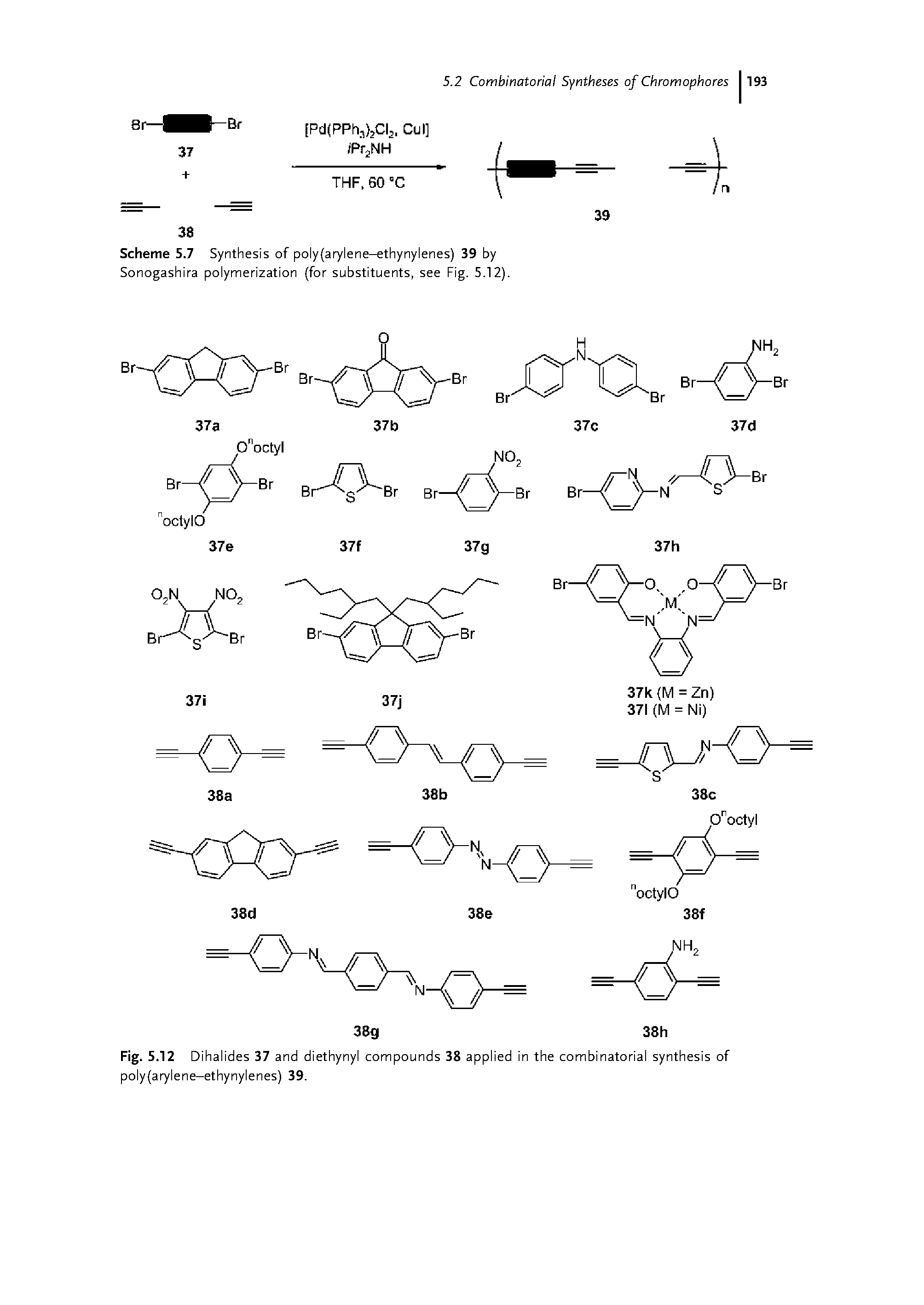 Scheme 5.7 Synthesis of poly(arylene-ethynylenes) 39 by Sonogashira polymerization (for substituents, see Fig. 5.12).