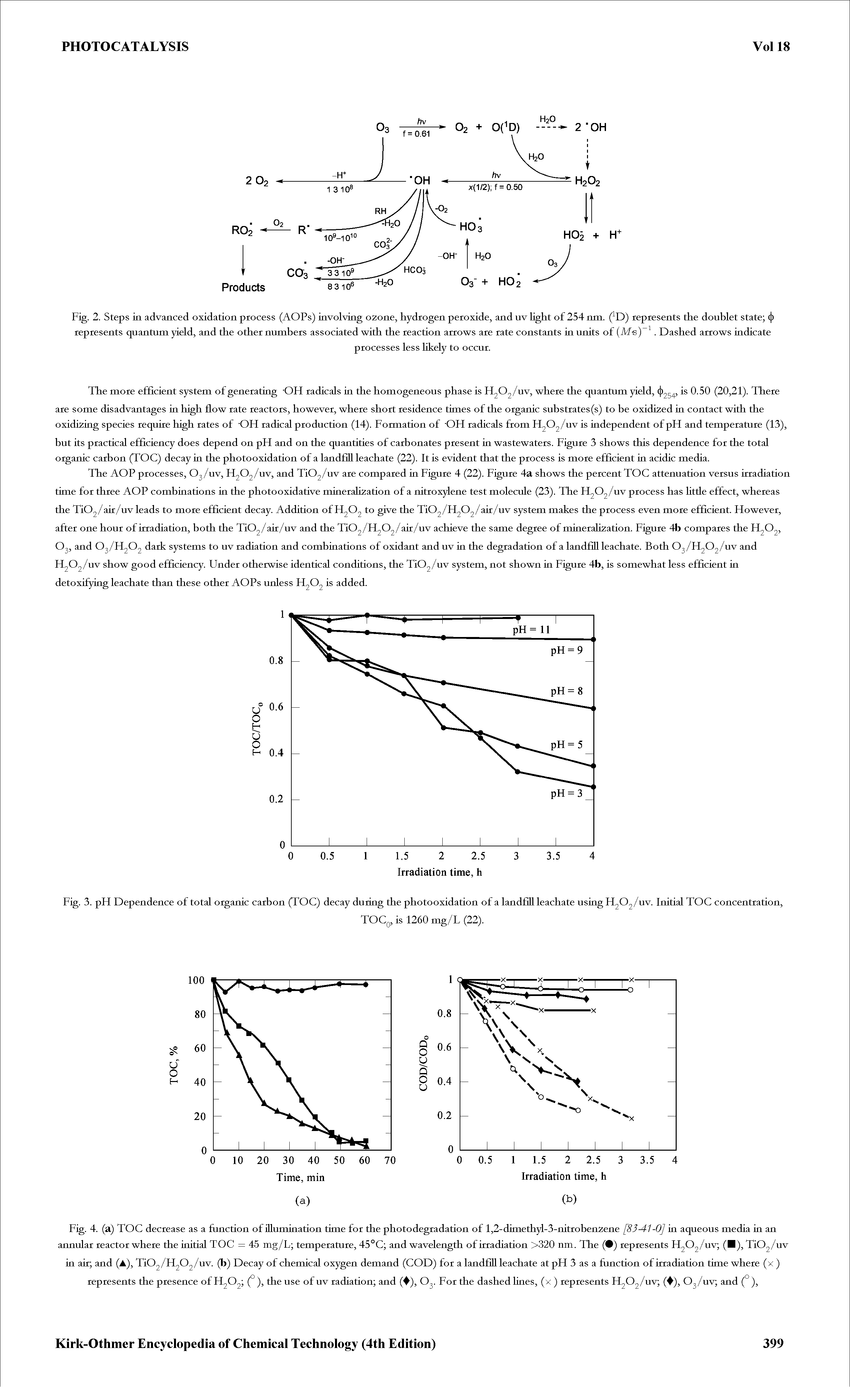 Fig. 2. Steps in advanced oxidation process (AOPs) involving o2one, hydrogen peroxide, and uv light of 254 nm. ( D) represents the doublet state ( ) represents quantum yield, and the other numbers associated with the reaction arrows are rate constants in units of (Af-s). Dashed arrows indicate...