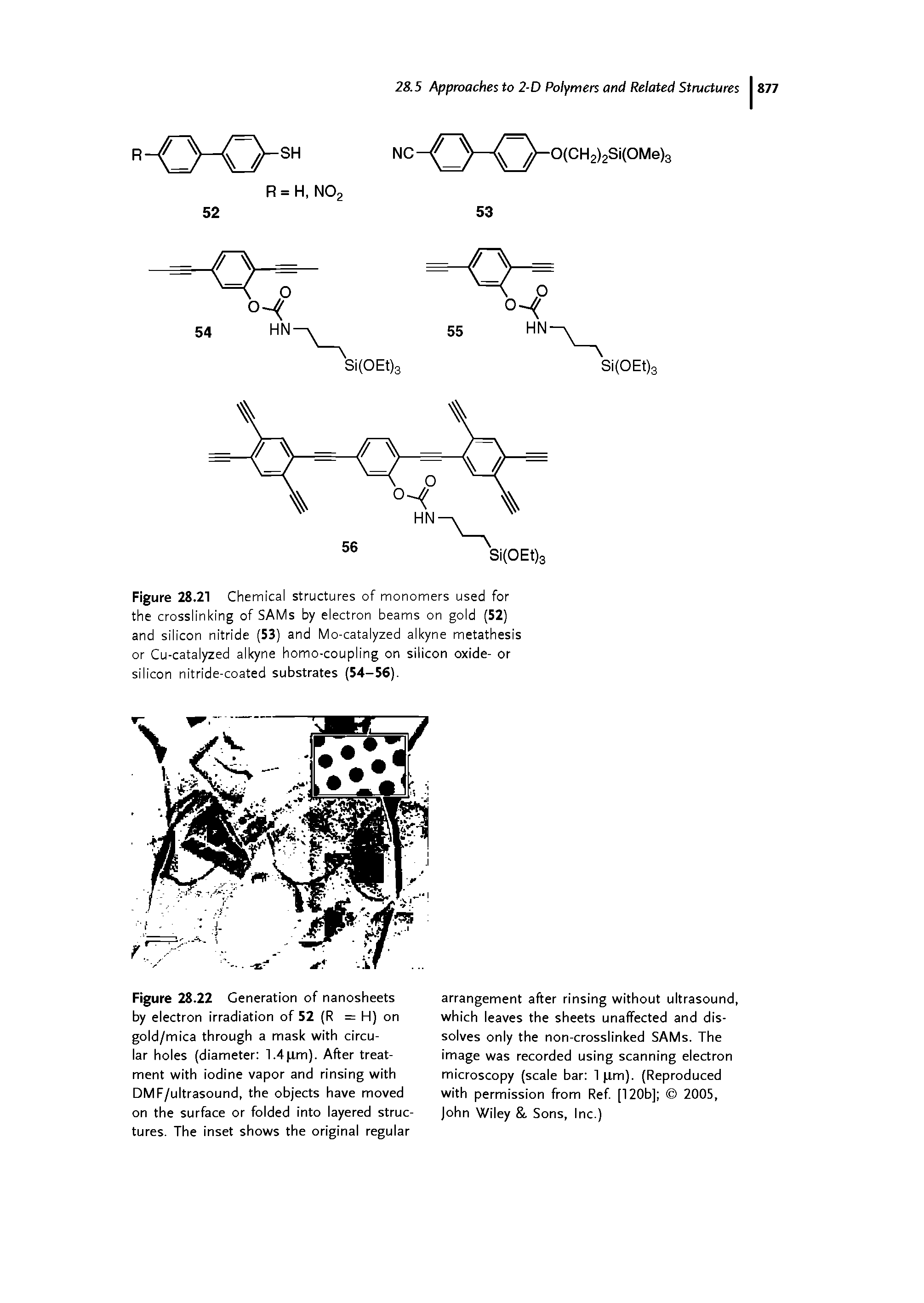 Figure 28.21 Chemical structures of monomers used for the crosslinking of SAMs by electron beams on gold (52) and silicon nitride (53) and Mo-catalyzed alkyne metathesis or Cu-catalyzed alkyne homo-coupling on silicon oxide- or silicon nitride-coated substrates (54-56).