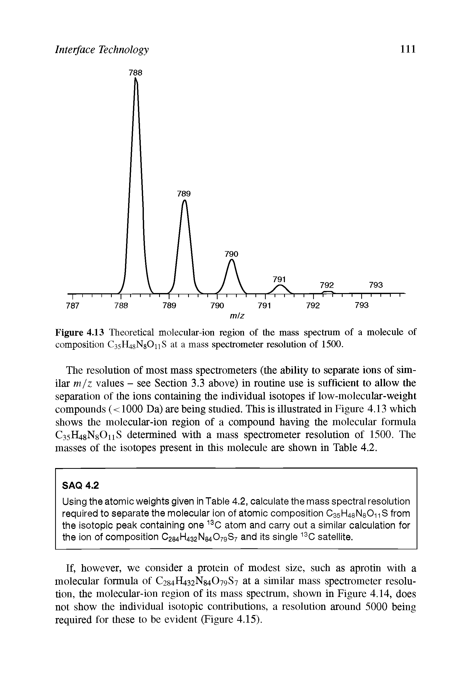 Figure 4.13 Theoretical molecular-ion region of the mass spectrum of a molecule of composition C35H48NgOnS at a mass spectrometer resolution of 1500.