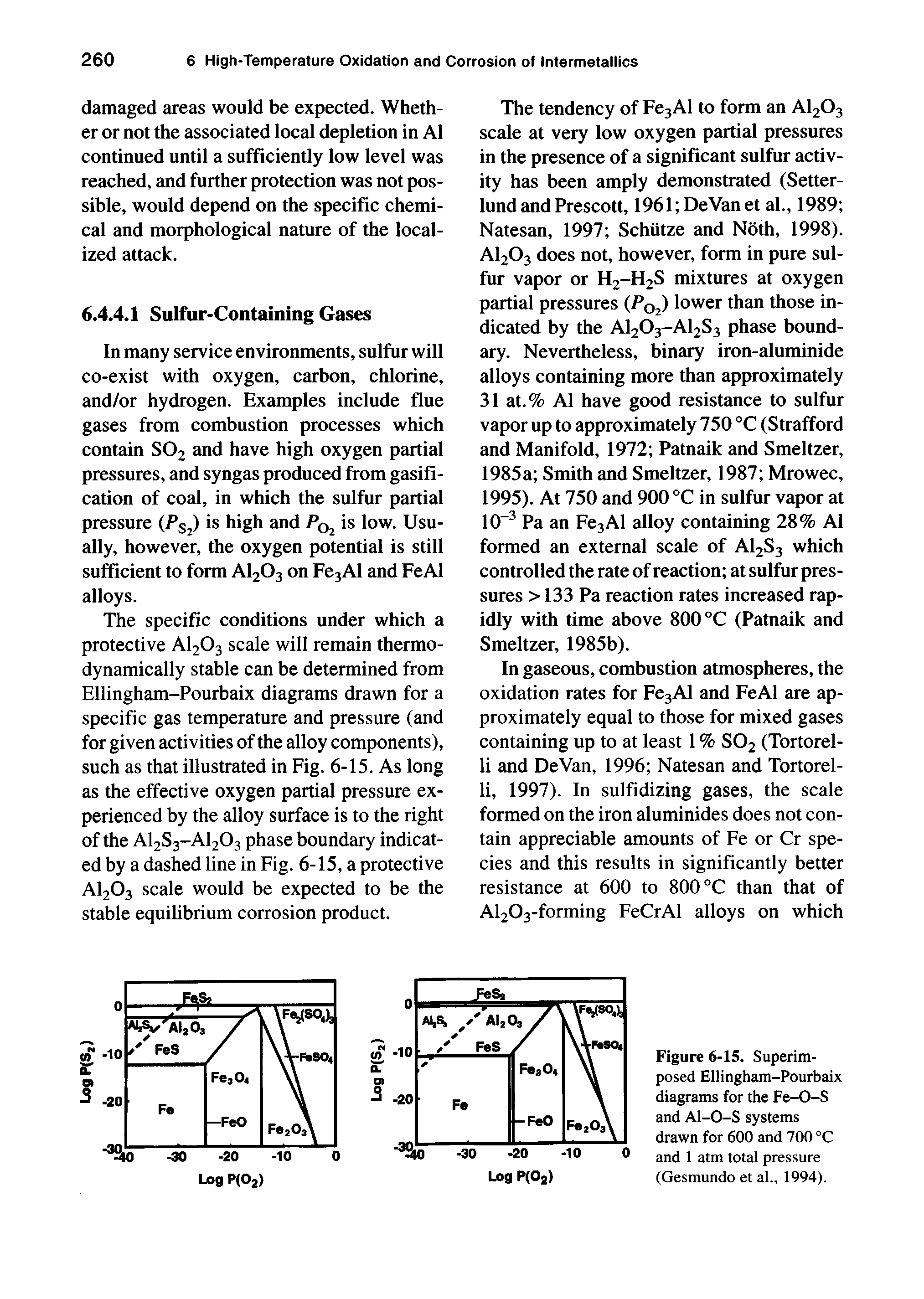 Figure 6-15. Superimposed Ellingham-Pourbaix diagrams for the Fe-O-S and Al-O-S systems drawn for 600 and 700 °C and 1 atm total pressure (Gesmundo et al., 1994).