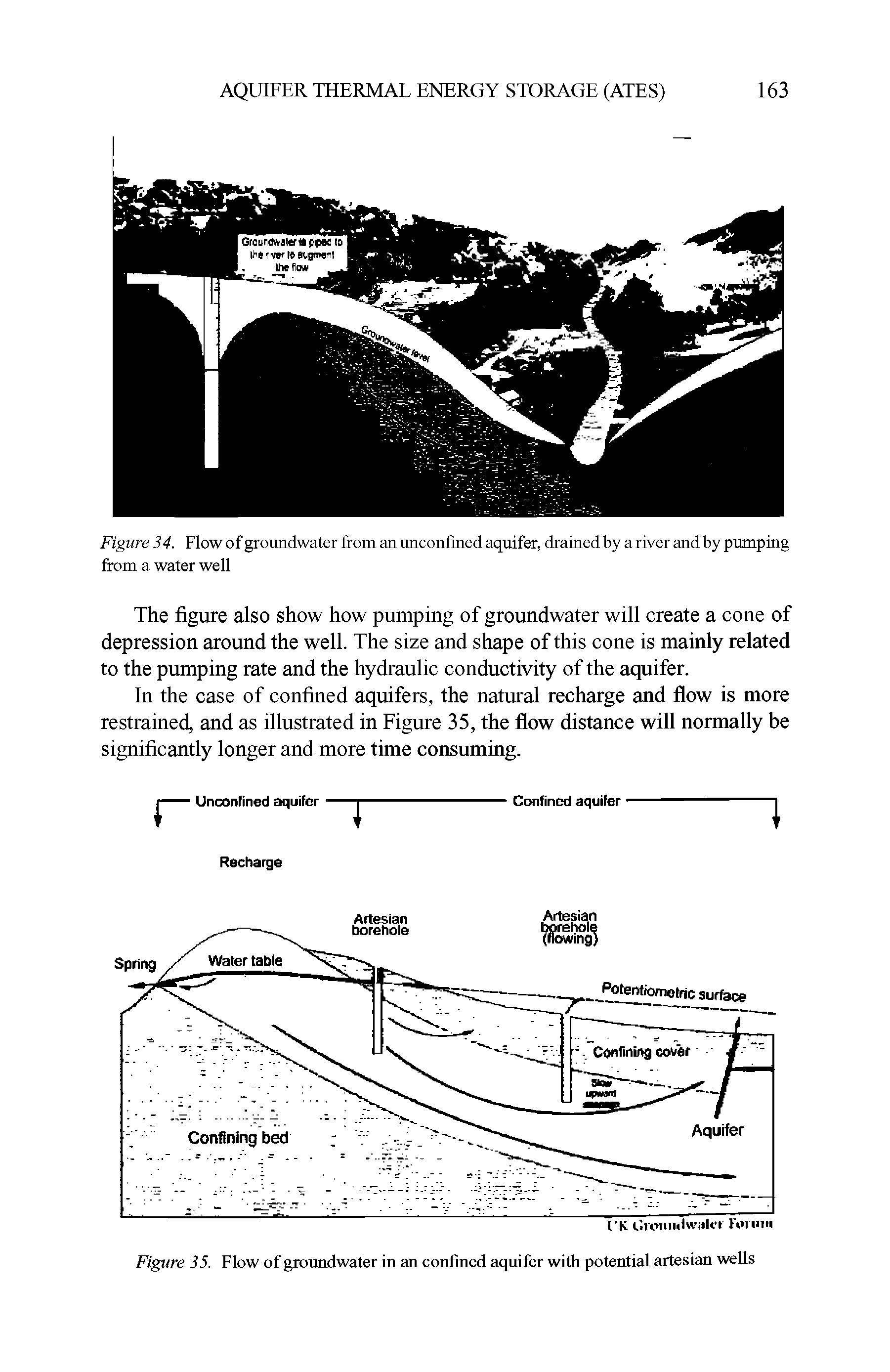 Figure 34. Flow of groundwater from an unconfined aquifer, drained by a river and by pumping from a water well...