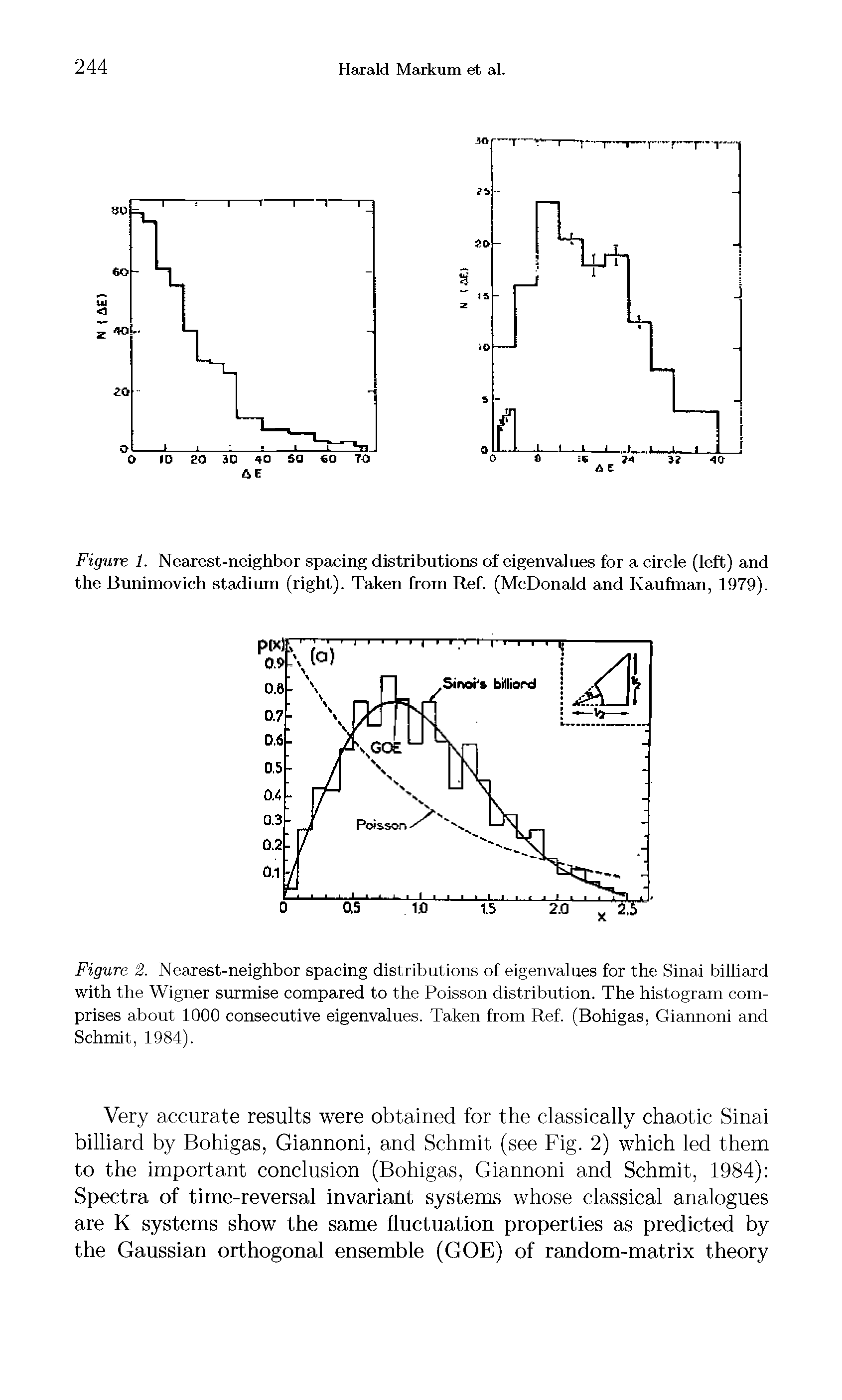 Figure 2. Nearest-neighbor spacing distributions of eigenvalues for the Sinai billiard with the Wigner surmise compared to the Poisson distribution. The histogram comprises about 1000 consecutive eigenvalues. Taken from Ref. (Bohigas, Giannoni and Schmit, 1984).