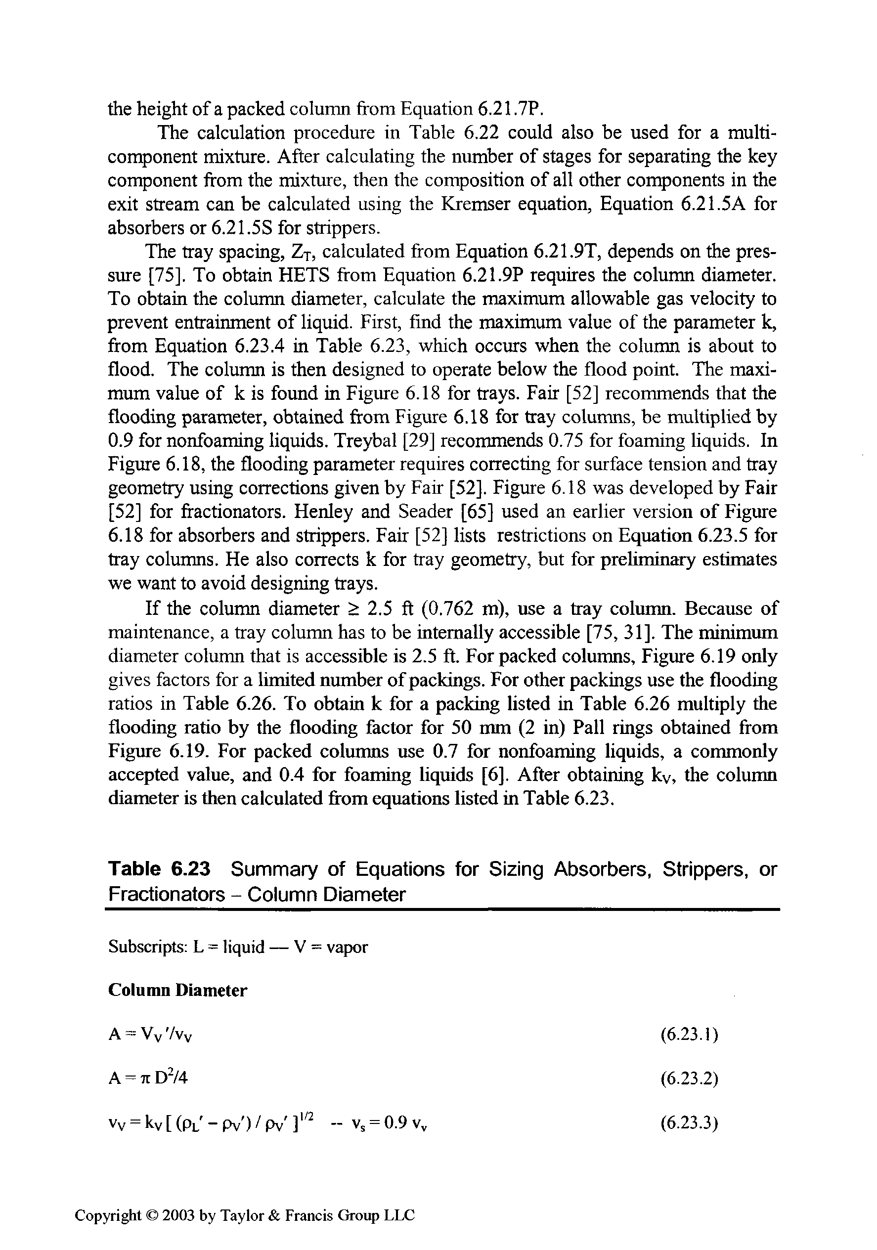 Table 6.23 Summary of Equations for Sizing Absorbers, Strippers, or Fractionators - Column Diameter...
