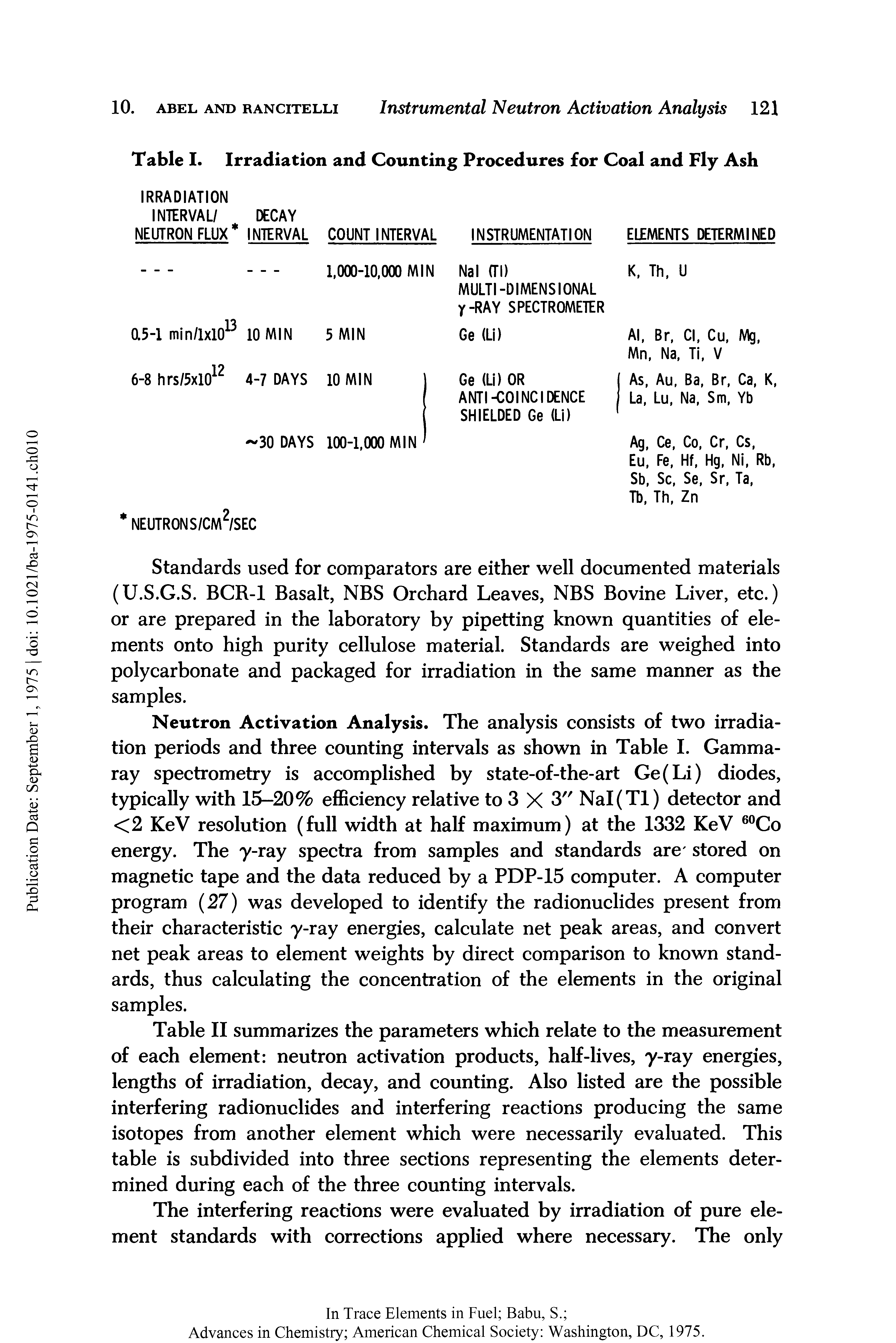Table II summarizes the parameters which relate to the measurement of each element neutron activation products, half-lives, y-ray energies, lengths of irradiation, decay, and counting. Also listed are the possible interfering radionuclides and interfering reactions producing the same isotopes from another element which were necessarily evaluated. This table is subdivided into three sections representing the elements determined during each of the three counting intervals.