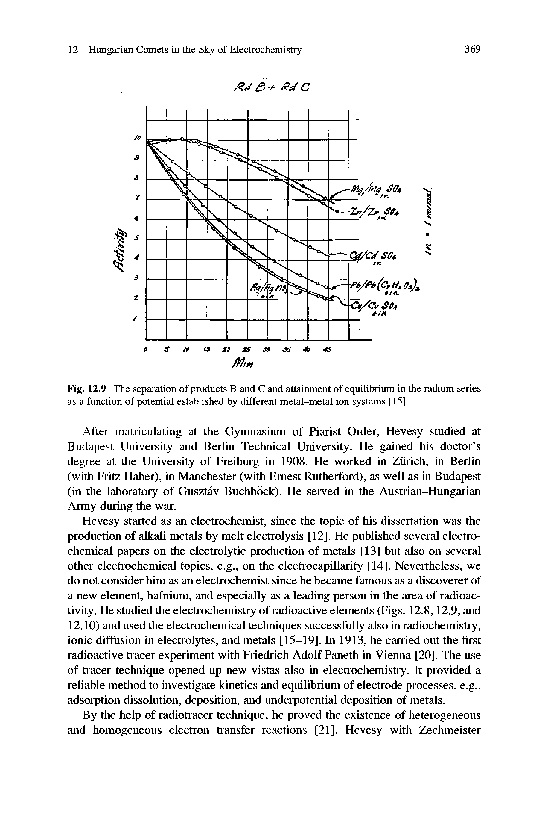 Fig. 12.9 The separation of products B and C and attainment of equilibrium in the radium series as a function of potential established by different metal-metal ion systems [15]...