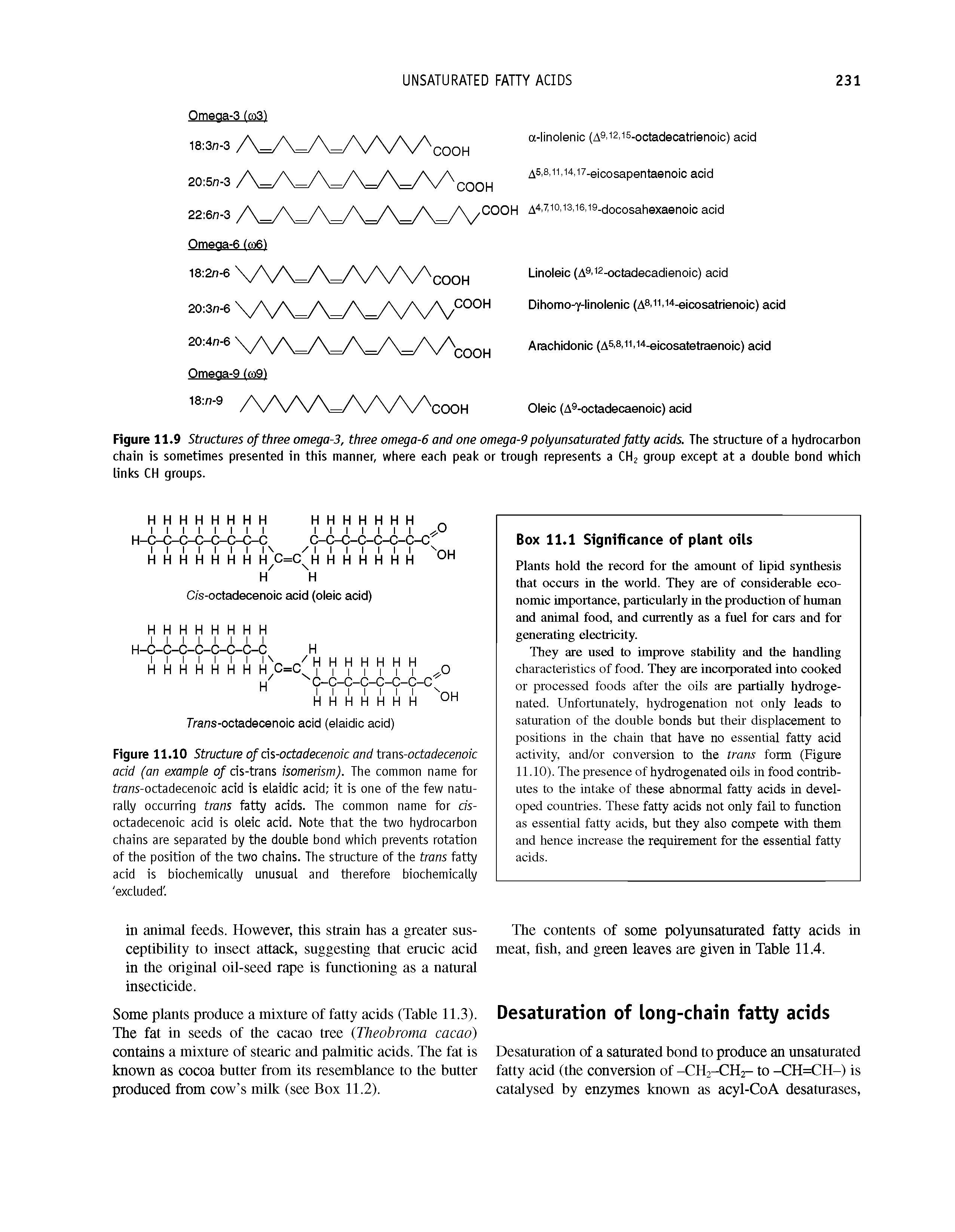 Figure 11.10 Structure of ds-octadecenoic and trans-octadecenoic add (an example o/cis-trans isomerism). The common name for trans-octadecenoic acid is elaidic acid it is one of the few naturally occurring trans fatty acids. The common name for c/s-octadecenoic acid is oleic acid. Note that the two hydrocarbon chains are separated by the double bond which prevents rotation of the position of the two chains. The structure of the trans fatty acid is biochemically unusual and therefore biochemically excluded. ...