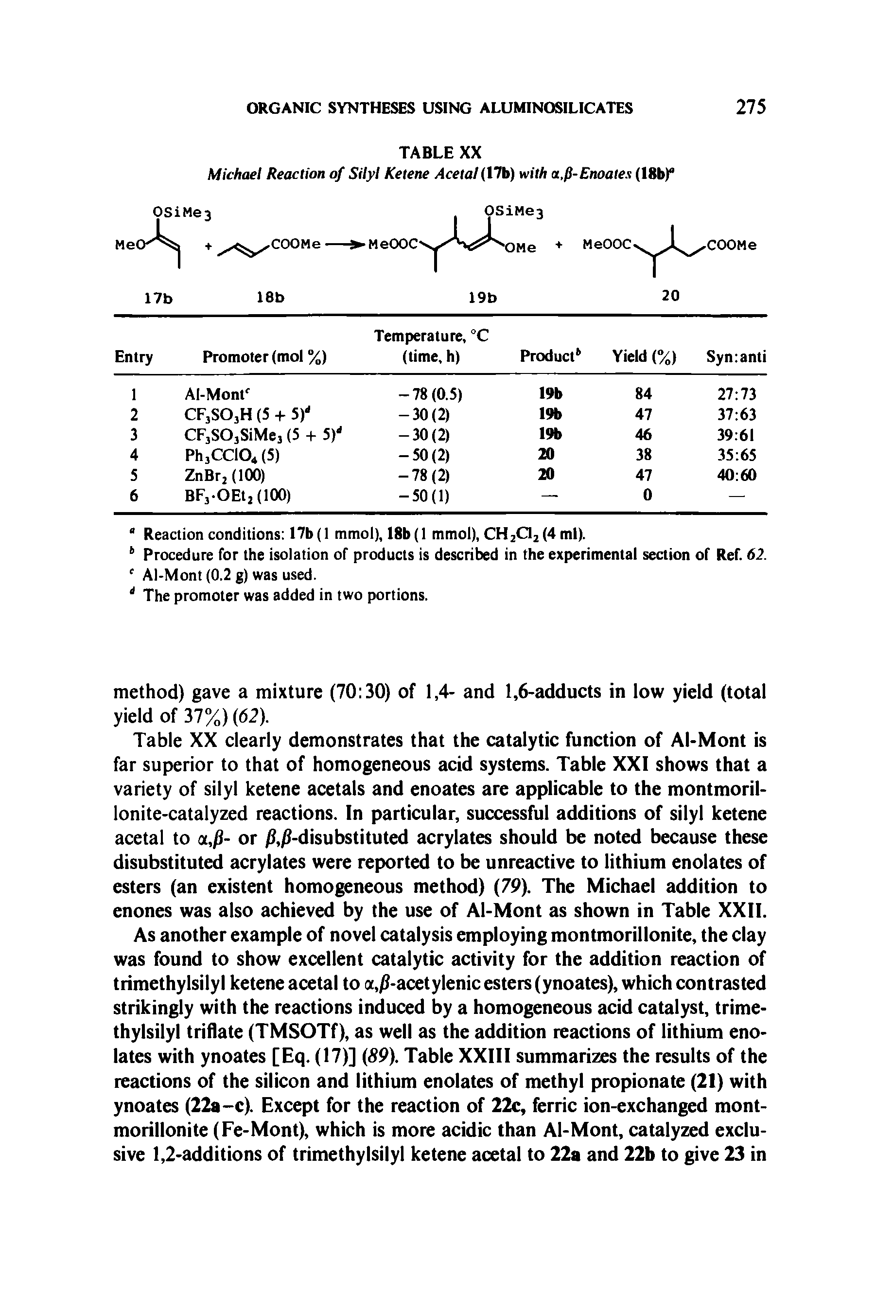 Table XX clearly demonstrates that the catalytic function of Al-Mont is far superior to that of homogeneous acid systems. Table XXI shows that a variety of silyl ketene acetals and enoates are applicable to the montmoril-lonite-catalyzed reactions. In particular, successful additions of silyl ketene acetal to ot,p- or, -disubstituted acrylates should be noted because these disubstituted acrylates were reported to be unreactive to lithium enolates of esters (an existent homogeneous method) (79). The Michael addition to enones was also achieved by the use of Al-Mont as shown in Table XXII.