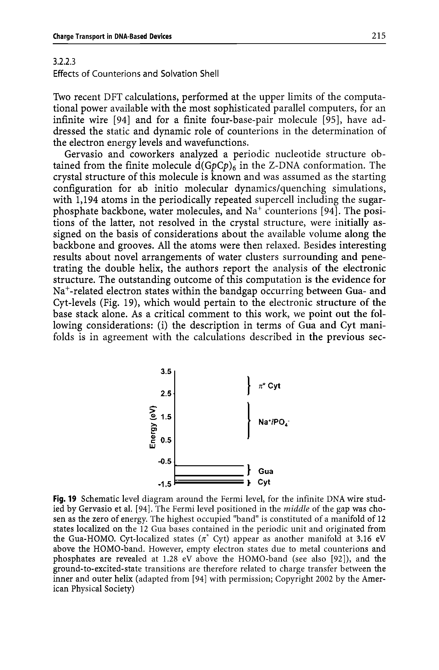 Fig. 19 Schematic level diagram around the Fermi level, for the infinite DNA wire studied by Gervasio et al. [94]. The Fermi level positioned in the middle of the gap was chosen as the zero of energy. The highest occupied "band" is constituted of a manifold of 12 states localized on the 12 Gua bases contained in the periodic unit and originated from the Gua-HOMO. Gyt-localized states (n Cyt) appear as another manifold at 3.16 eV above the HOMO-band. Flowever, empty electron states due to metal counterions and phosphates are revealed at 1.28 eV above the FIOMO-band (see also [92]), and the ground-to-excited-state transitions are therefore related to charge transfer between the inner and outer helix (adapted from [94] with permission Copyright 2002 by the American Physical Society)...