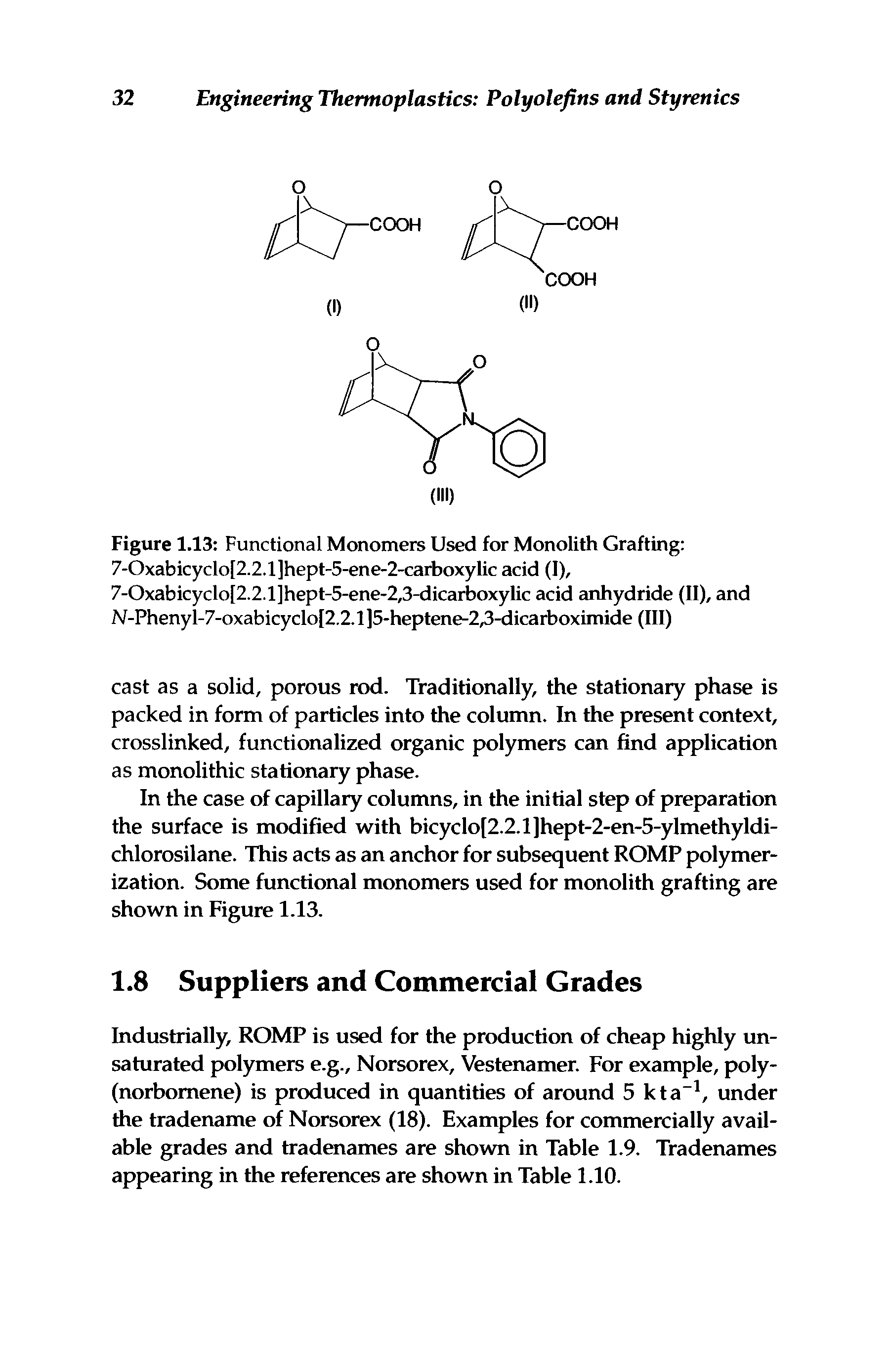 Figure 1.13 Functional Monomers Used for Monolith Grafting 7-Oxabicyclo[2.2.1]hept-5-ene-2-carboxylic acid (I), 7-Oxabicyclo[2.2.1]hept-5-ene-2,3-dicarboxylic acid anhydride (II), and N-Phenyl-7-oxabicyclo[2.2.1]5-heptene-2,3-dicarboximide (III)...