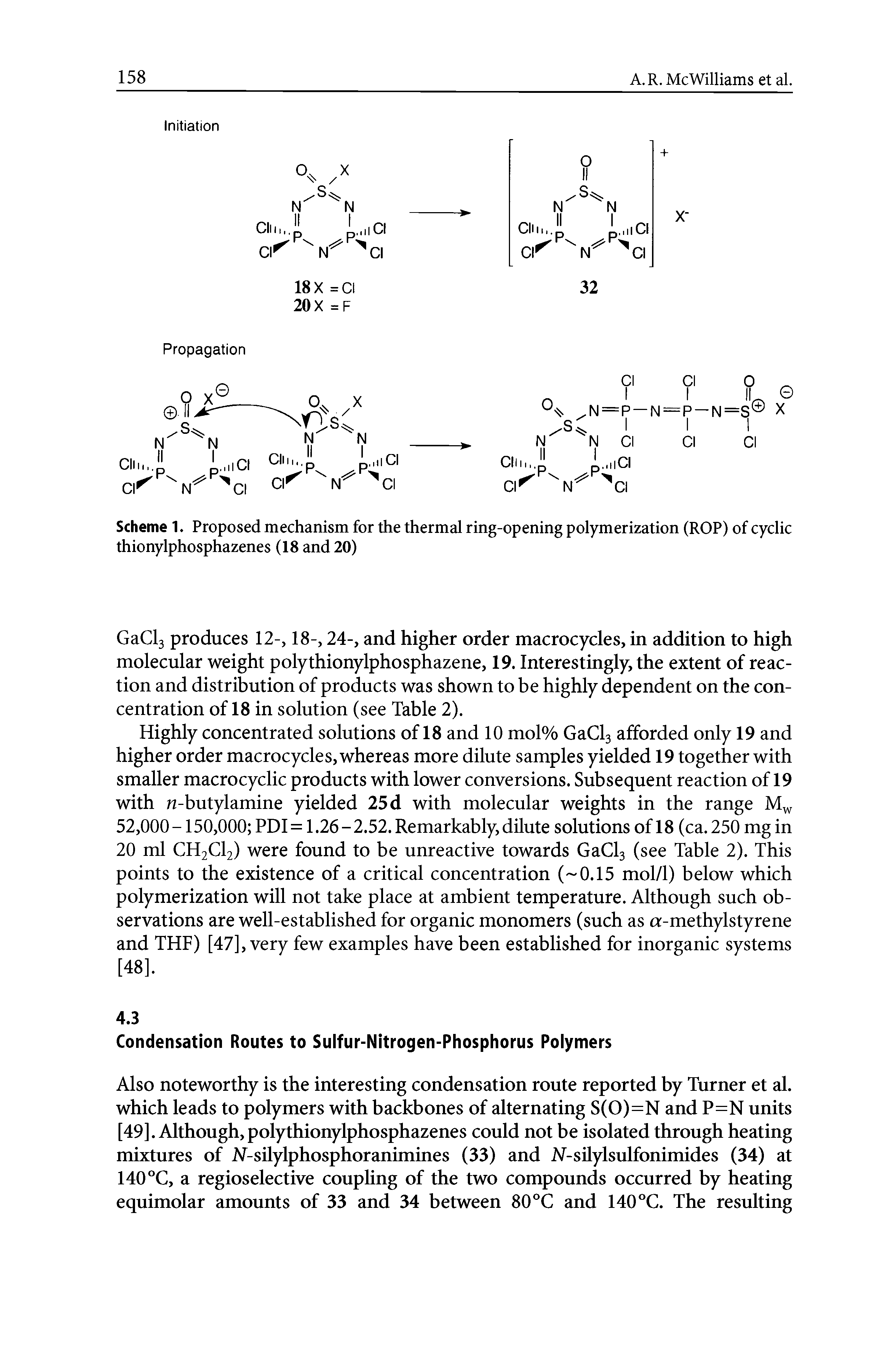 Scheme 1. Proposed mechanism for the thermal ring-opening polymerization (ROP) of cyclic thionylphosphazenes (18 and 20)...