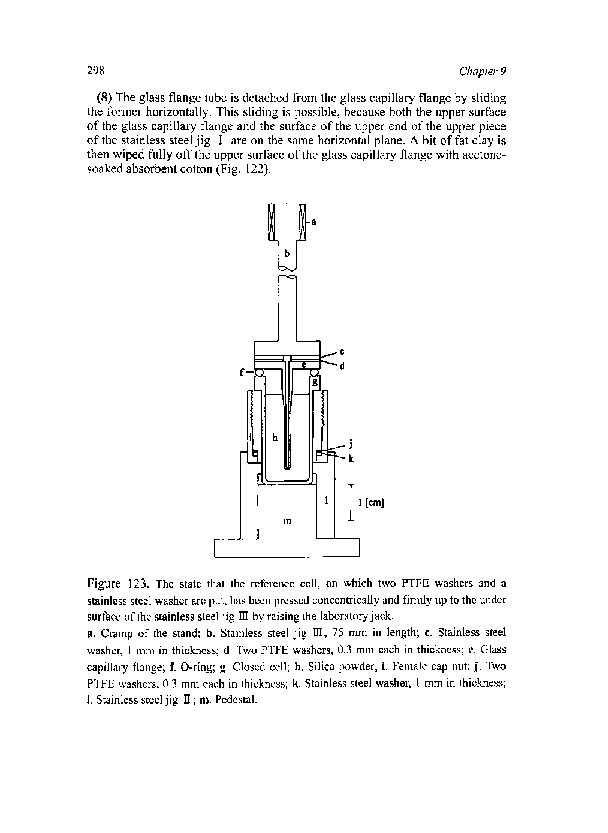 Figure 123. The state that the reference cell, on which two PTFE washers and a stainless steel washer are put, has been pressed eoneentrically and firmly up to the under surface of the stainless steel jig in by raising the laboratory jack, a. Cramp of rhe srand b. Srainless steel jig HI, 75 mm in length c. Stainless steel washer, 1 mm in thiekness d. Two PITT washers, 0.3 mm each in thickness e. Glass capillary flange f, 0-ring g. Closed cell h. Silica powder i. Female cap nut j. Two PTFE washers, 0.3 mm each in thickness k. Stainless steel washer, 1 mm in thickness 1. Stainless steel jig H m. Pedestal.
