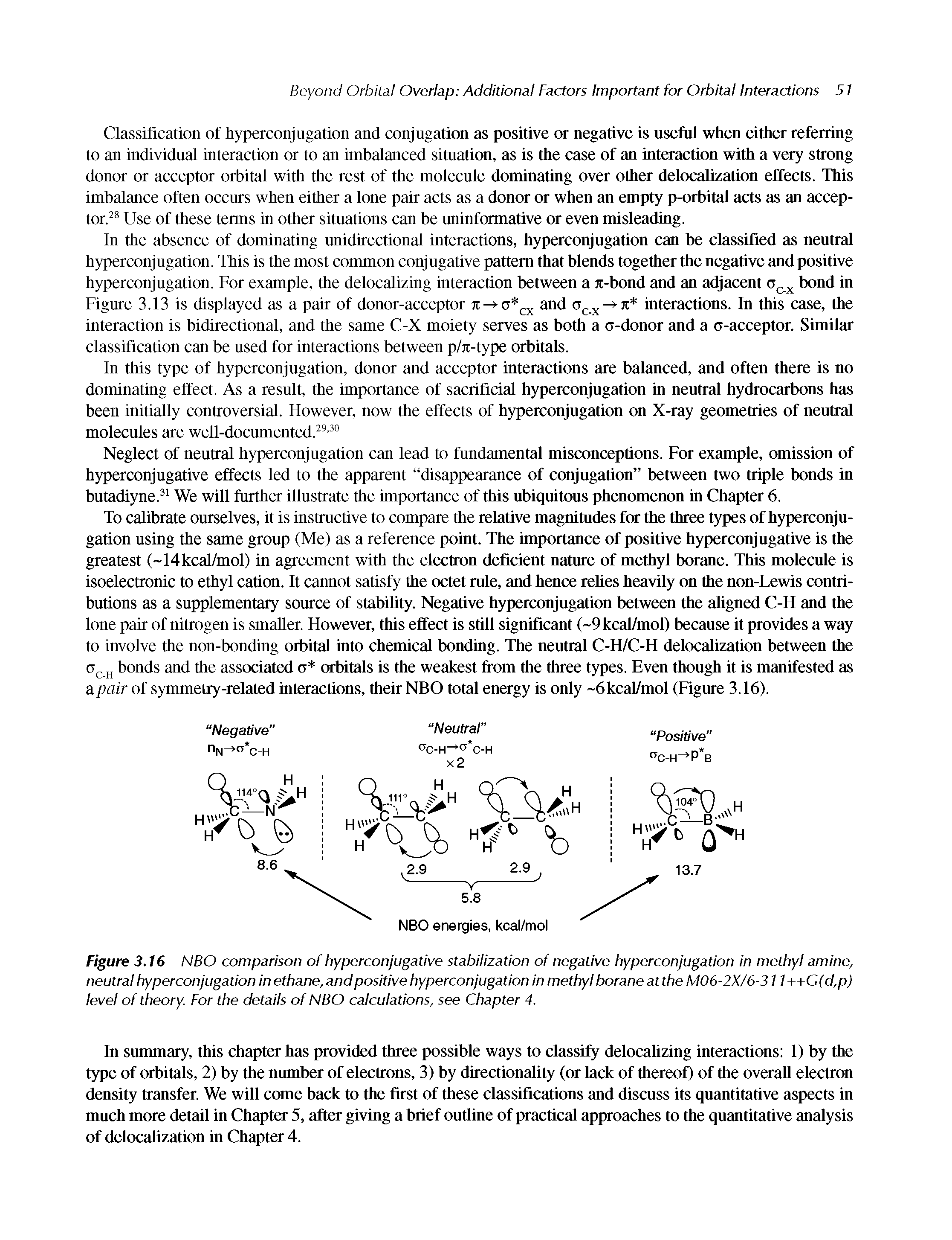 Figure 3.16 NBO comparison of hyperconjugative stabilization of negative hyperconjugation in methyl amine, neutral hyper conjugation in ethane, and positive hyperconjugation in methyl borane at the M06-2X/6-311 ++C(d,p) level of theory. For the details of NBO calculations, see Chapter 4.