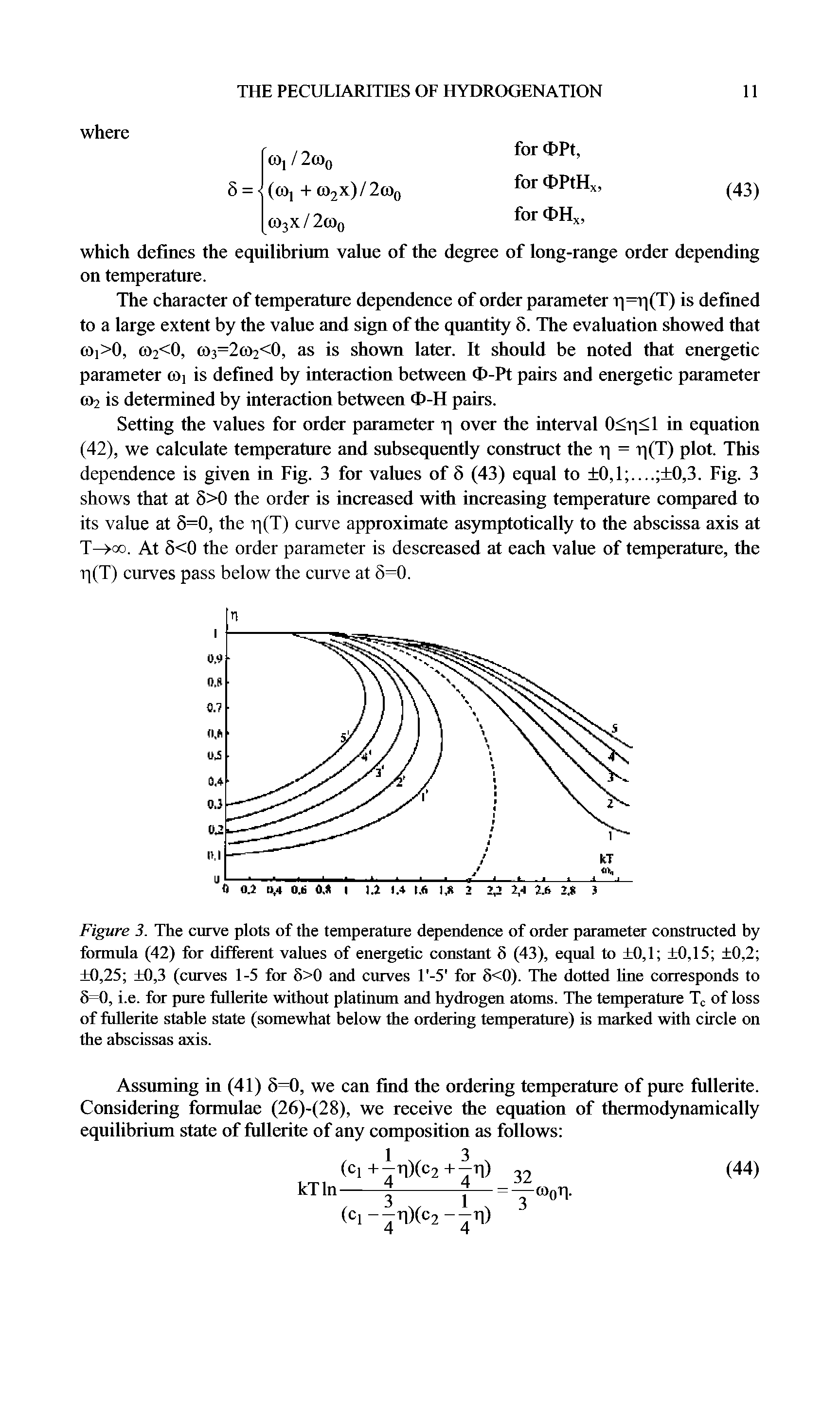 Figure 3. The curve plots of the temperature dependence of order parameter constmcted by formula (42) for different values of energetic constant 5 (43), equal to 0,1 +0,15 0,2 0,25 0,3 (curves 1-5 for 5>0 and curves l -5 for 5<0). The dotted line corresponds to 5=0, i.e. for pure fullerite without platinum and hydrogen atoms. The temperature Tc of loss of fullerite stable state (somewhat below the ordering temperature) is marked with circle on the abscissas axis.