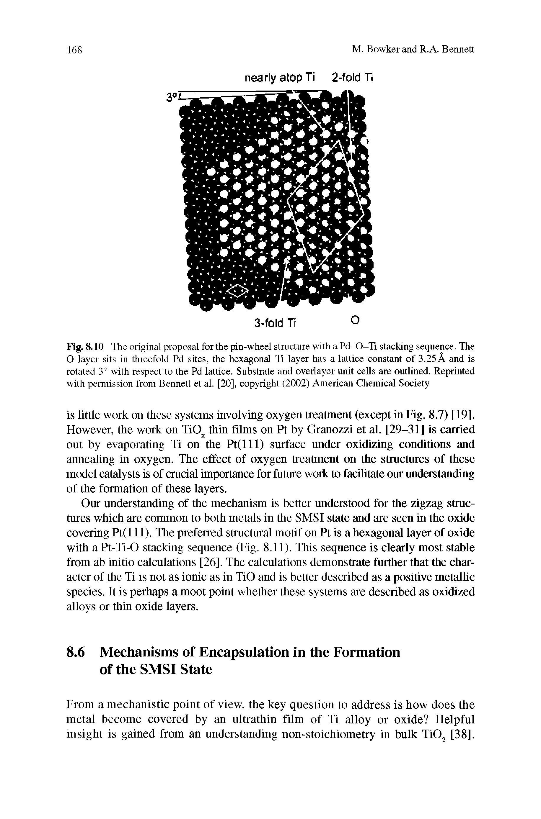 Fig. 8.10 The original proposal for the pin-wheel structure with a Pd-O-Ti stacking sequence. The O layer sits in threefold Pd sites, the hexagonal Ti layer has a lattice constant of 3.25 A and is rotated 3° with respect to the Pd lattice. Substrate and overlayer unit cells are outlined. Reprinted with permission from Bennett et al. [20], copyright (2002) American Chemical Society...