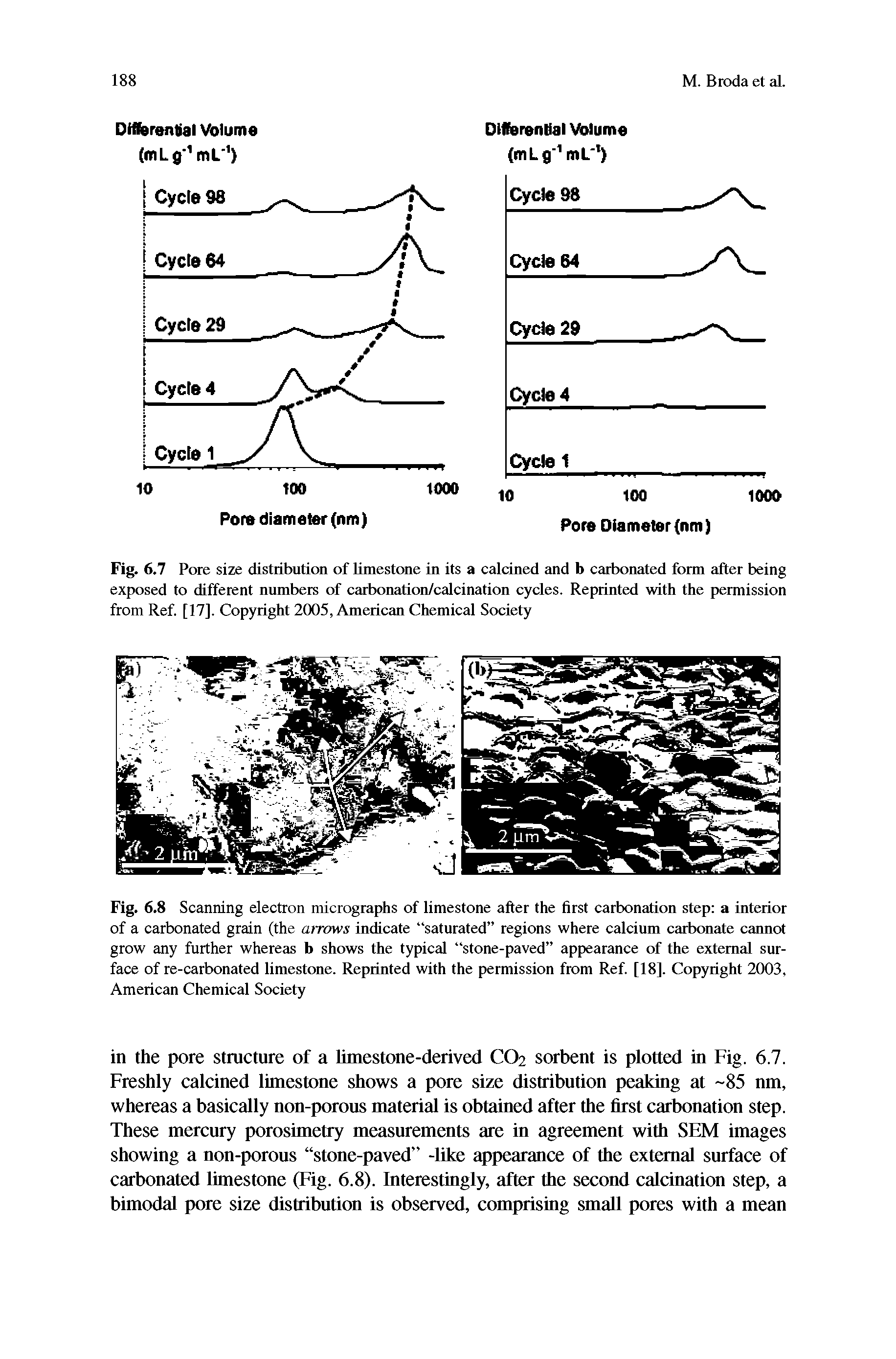 Fig. 6.7 Pore size distribution of limestone in its a calcined and b carbonated form after being exposed to different numbers of carbonation/calcination cycles. Reprinted with the permission from Ref. [17]. Copyright 2005, American Chemical Society...