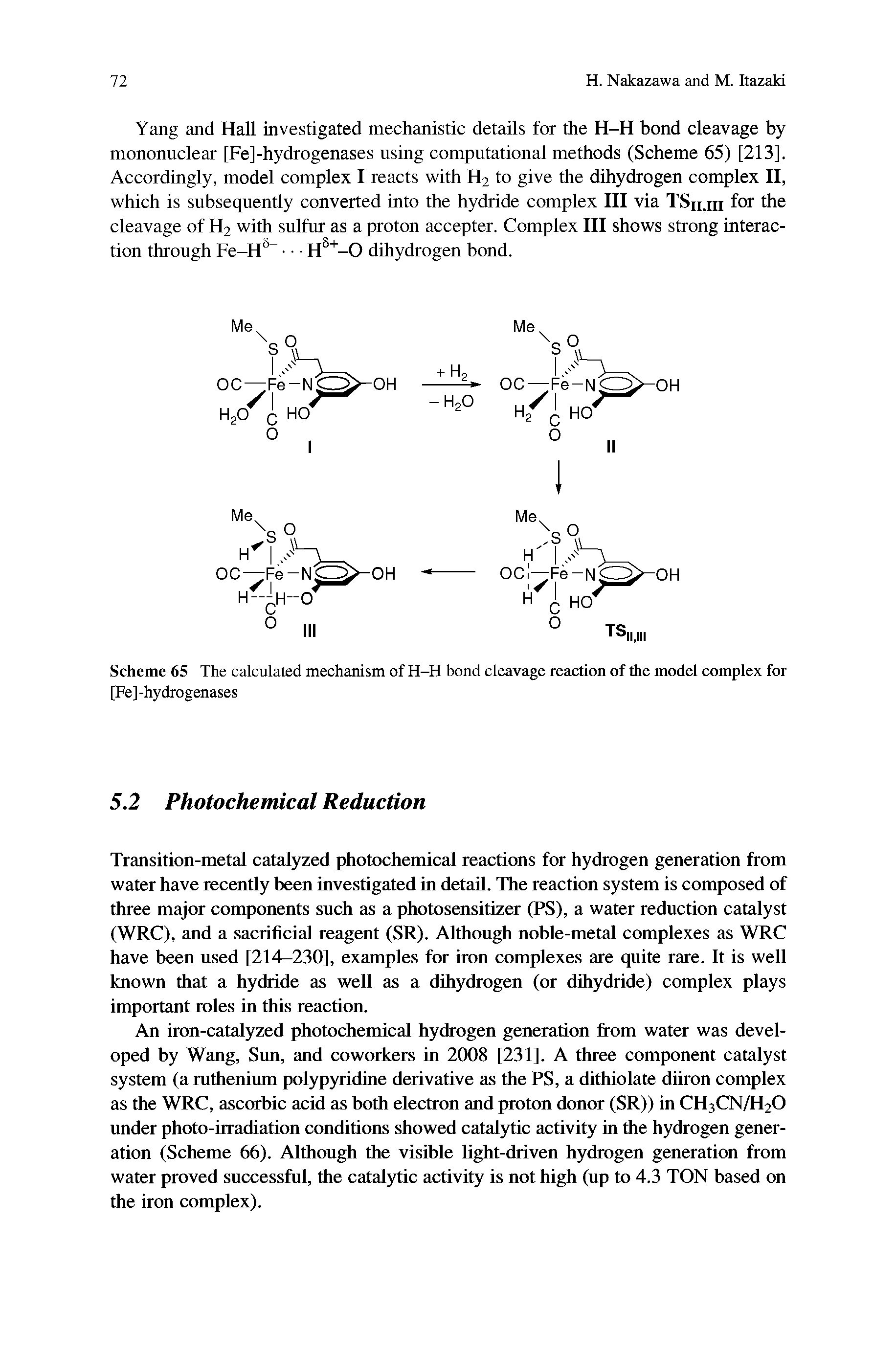 Scheme 65 The calculated mechanism of H-H bond cleavage reaction of the model complex for [Fe] -hydrogenases...