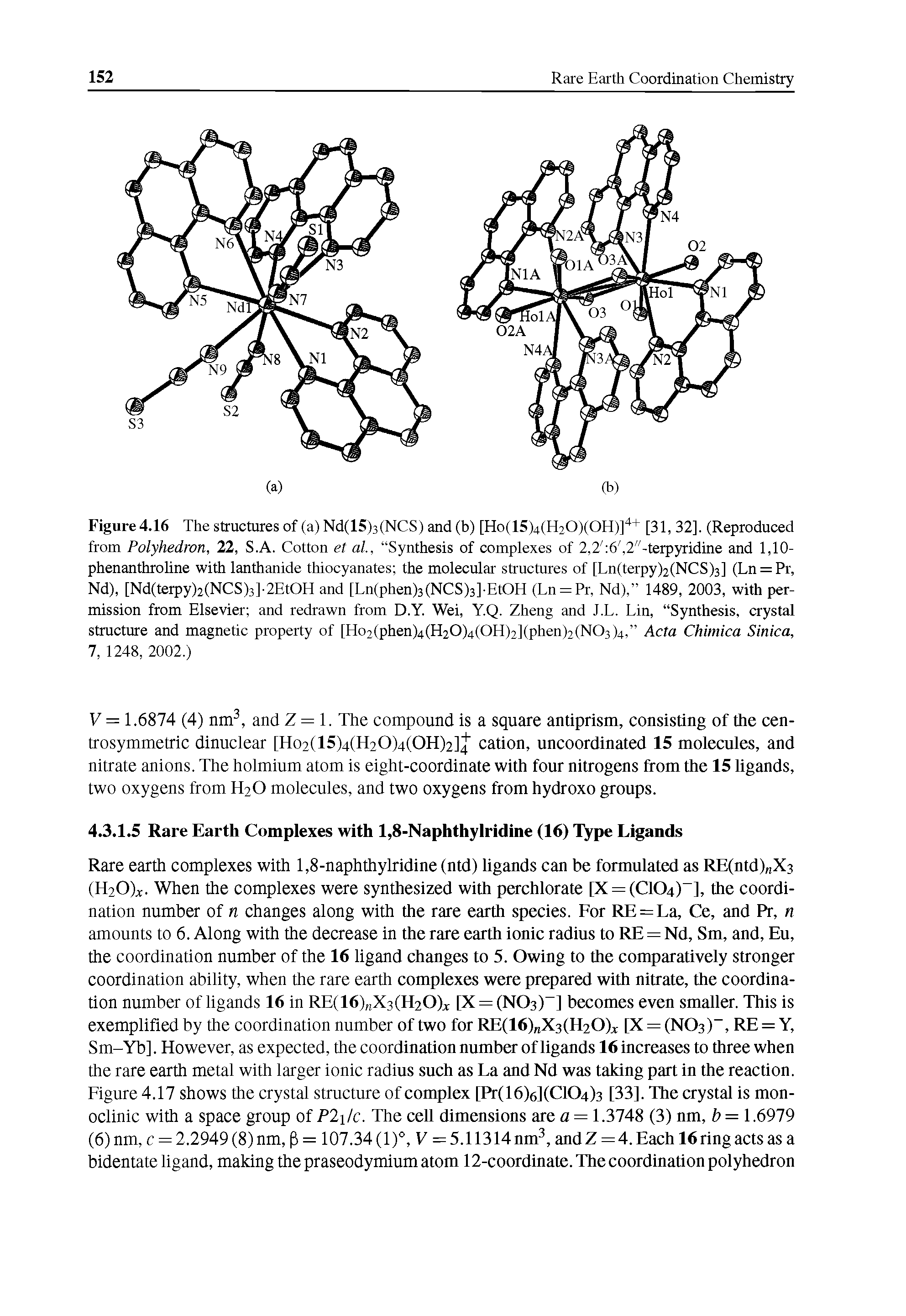 Figure 4.16 The structures of (a) Nd(15)3(NCS) and (b) [Ho(15)4(H20)(OH)]" + [31, 32], (Reproduced from Polyhedron, 22, S.A. Cotton et al, Synthesis of complexes of 2,2 6, 2"-terpyridine and 1,10-phenanthroline with lanthanide thiocyanates the molecular structures of [Ln(terpy)2(NCS)3] (Ln = Pr, Nd), [Nd(terpy)2(NCS)3]-2EtOH and [Ln(phen)3(NCS)3]-EtOH (Ln = Pr, Nd), 1489, 2003, with permission from Elsevier and redrawn from D.Y. Wei, Y.Q. Zheng and J.L. Lin, Synthesis, crystal structure and magnetic property of [Ho2(phen)4(H20)4(OH)2](phen)2(N03)4, Acta Chimica Sinica, 7, 1248, 2002.)...