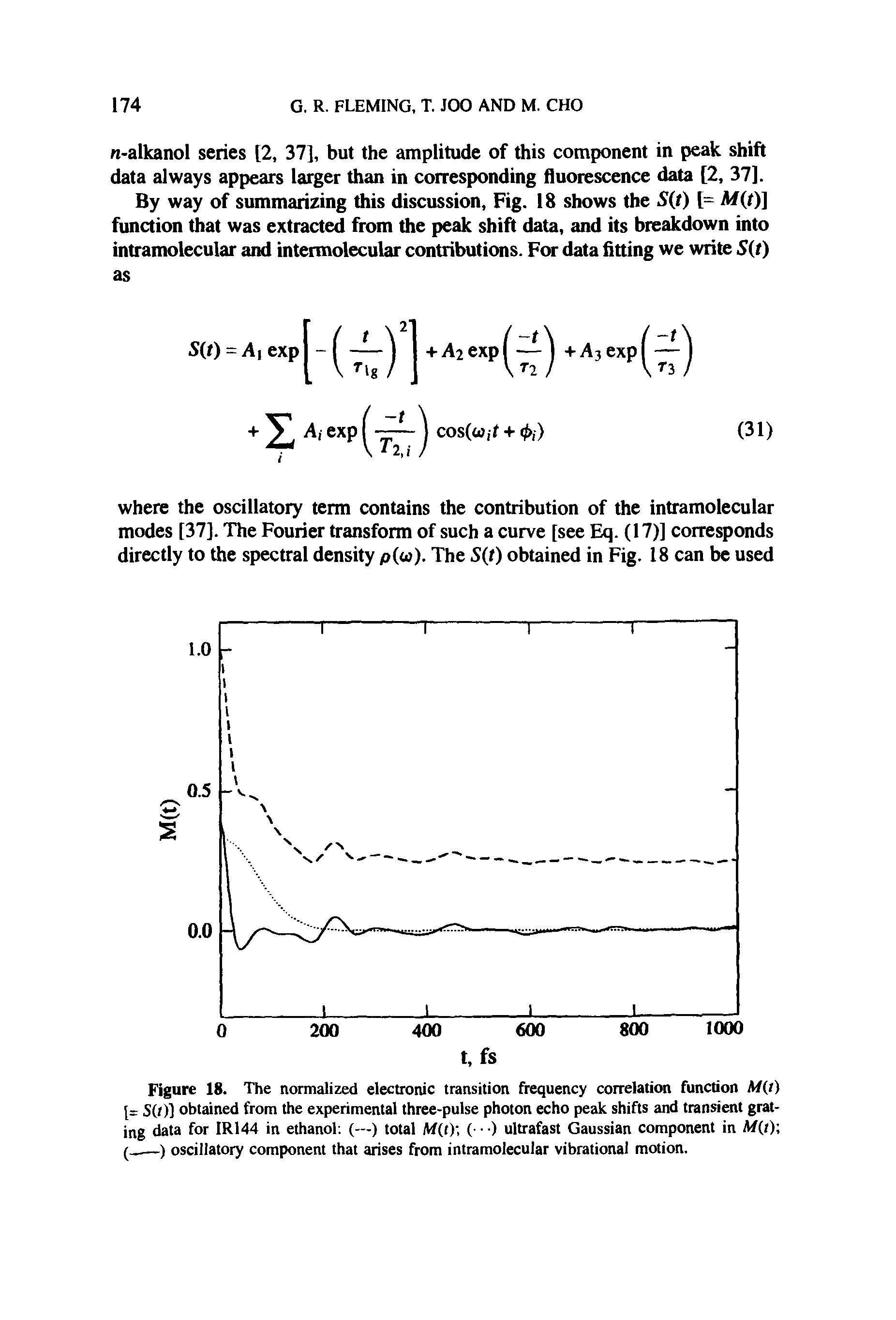 Figure 18. The normalized electronic transition frequency correlation function M(t) 1= S(i)] obtained from the experimental three-pulse photon echo peak shifts and transient grating data for IR144 in ethanol (—) total W(t) ( ) ultrafast Gaussian component in M(t) ( ) oscillatory component that arises from intramolecular vibrational motion.