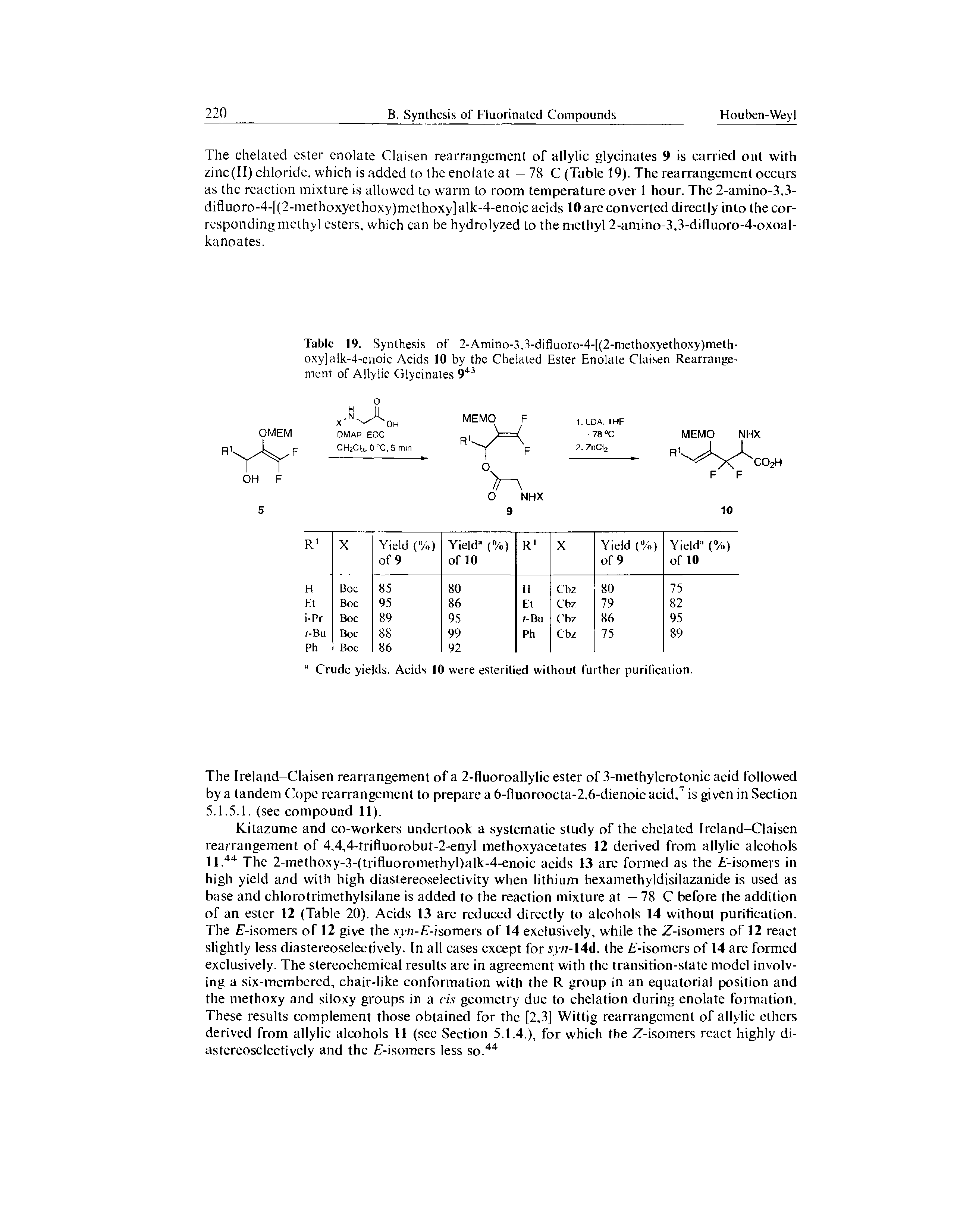 Table 19. Synthesis of 2-Amino-3,3-difluoro-4-[(2-methoxyethoxy)meth-oxy]alk-4-cnoic Acids 10 by the Chelated Ester Enolate Claisen Rearrangement of Allylic Glycinates 943...