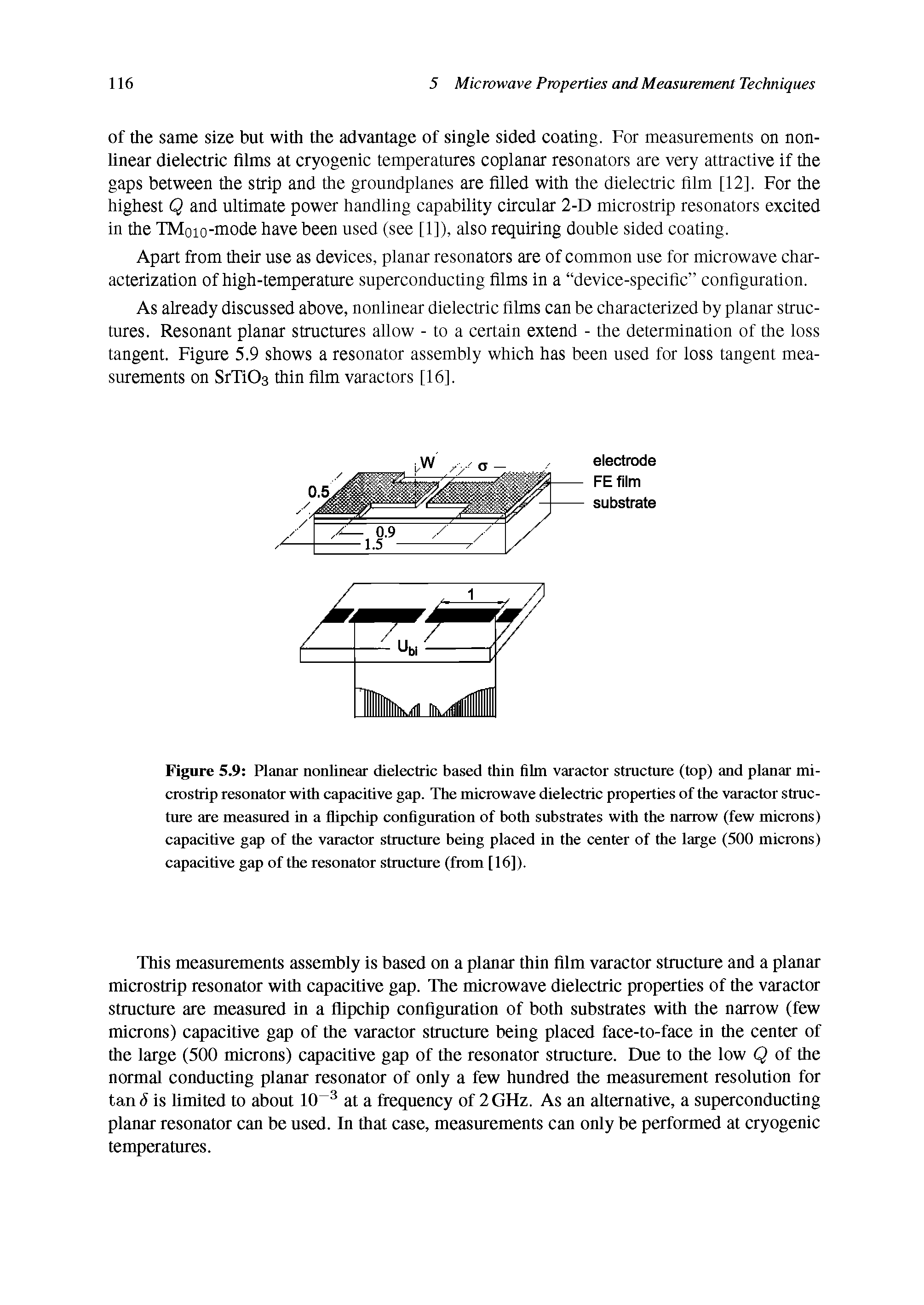 Figure 5.9 Planar nonlinear dielectric based thin film varactor structure (top) and planar microstrip resonator with capacitive gap. The microwave dielectric properties of the varactor structure are measured in a flipchip configuration of both substrates with the narrow (few microns) capacitive gap of the varactor structure being placed in the center of the large (500 microns) capacitive gap of the resonator structure (from [16]).