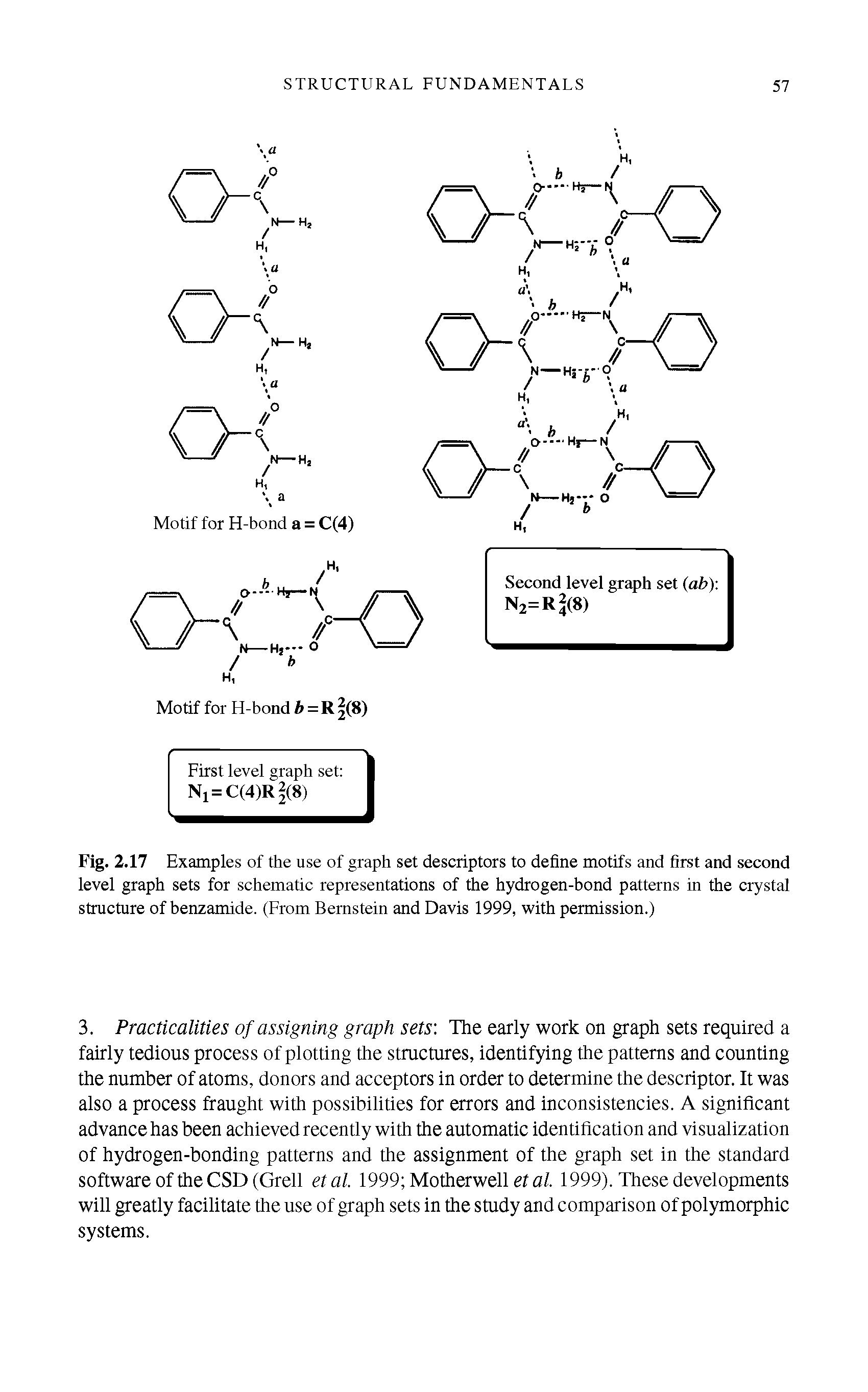 Fig. 2.17 Examples of the use of graph set descriptors to define motifs and first and second level graph sets for schematic representations of the hydrogen-bond patterns in the crystal structure of benzamide. (From Bernstein and Davis 1999, with permission.)...