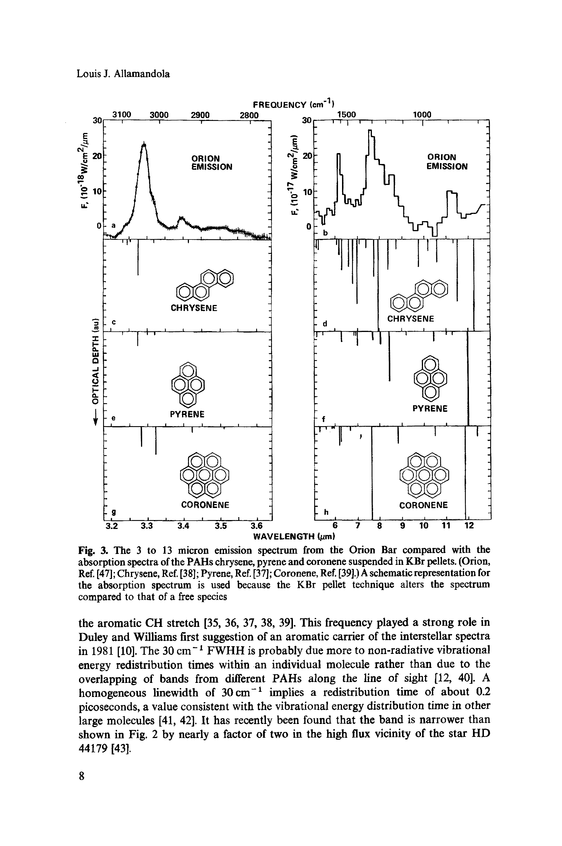 Fig. 3. The 3 to 13 micron emission spectrum from the Orion Bar compared with the absorption spectra of the PAHs chrysene, pyrene and coronene suspended in KBr pellets. (Orion, Ref. [47] Chrysene, Ref. [38] Pyrene, Ref. [37] Coronene, Ref. [39].) A schematic representation for the absorption spectrum is used because the KBr pellet technique alters the spectrum compared to that of a free species...