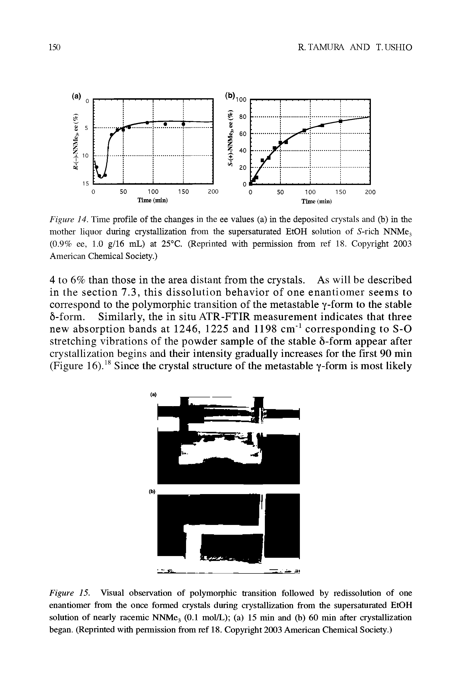 Figure 15. Visual observation of polymorphic transition followed by redissolution of one enantiomer from the once formed crystals during crystallization from the supersaturated EtOH solution of nearly racemic NNMe3 (0.1 mol/L) (a) 15 min and (b) 60 min after crystallization began. (Reprinted with permission from ref 18. Copyright 2003 American Chemical Society.)...