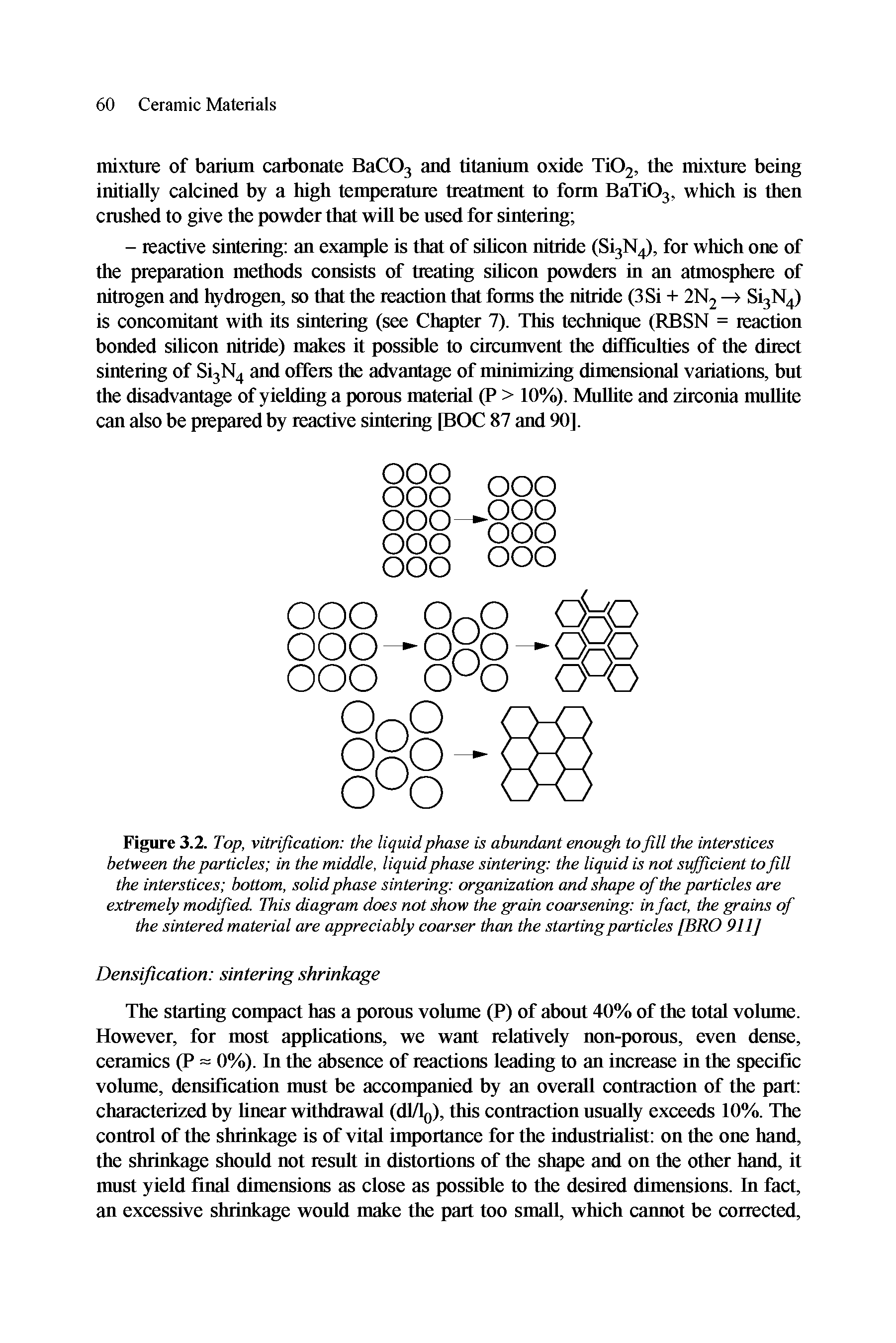 Figure 3.2. Top, vitrification the liquid phase is abundant enougfi to fill the interstices between the particles in the middle, liquid phase sintering the liquid is not suffieient to fill the interstiees bottom, solid phase sintering organization and shape of the partieles are extremely modified. This diagram does not show the grain coarsening in fact, the grains of the sintered material are appreeiably coarser than the starting particles [BRO 91 If...