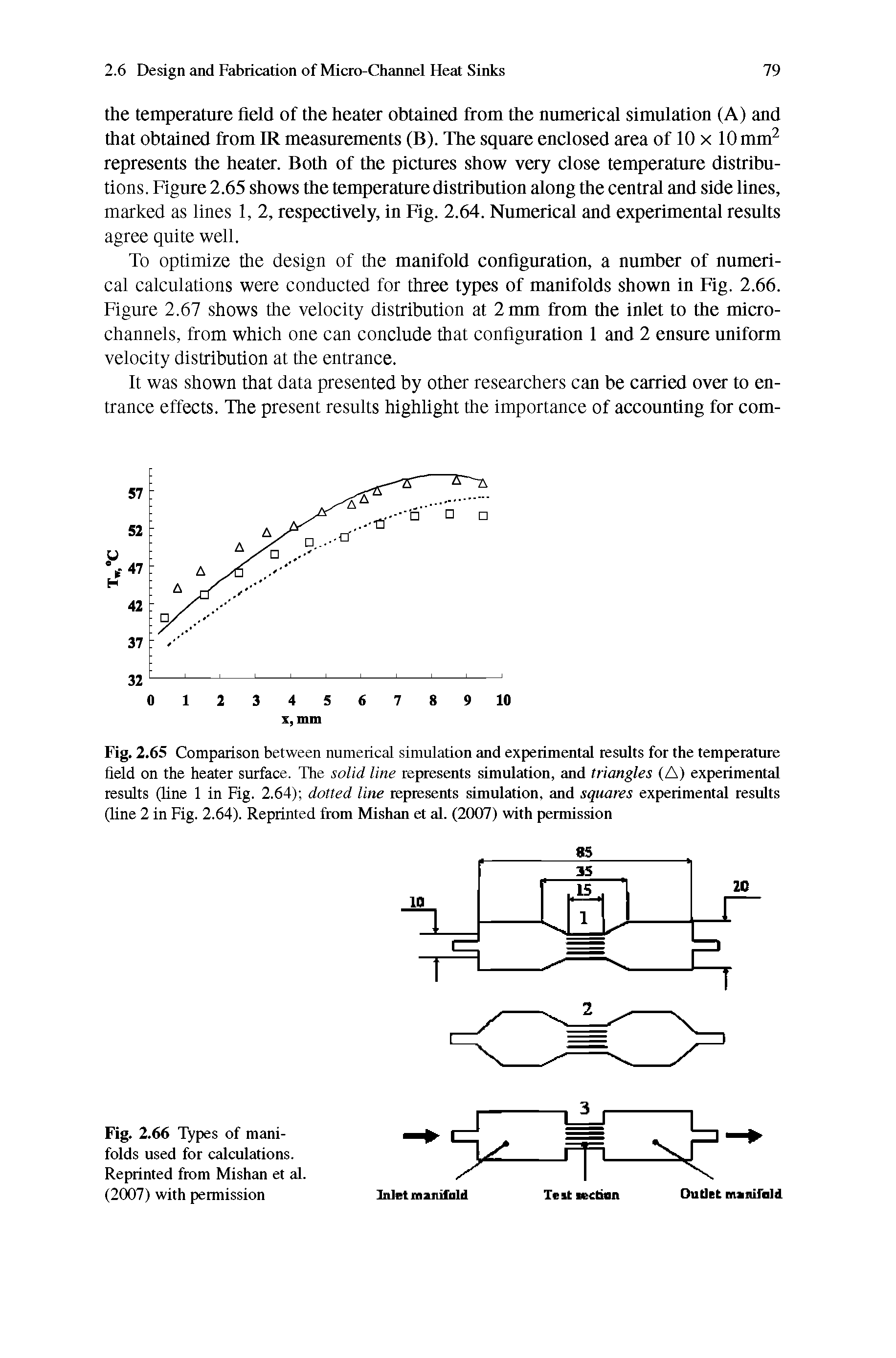 Fig. 2.65 Comparison between numerical simulation and experimental results for the temperature field on the heater surface. The solid line represents simulation, and triangles (A) experimental results (line 1 in Fig. 2.64) dotted line represents simulation, and squares experimental results (line 2 in Fig. 2.64). Reprinted from Mishan et al. (2007) with permission...