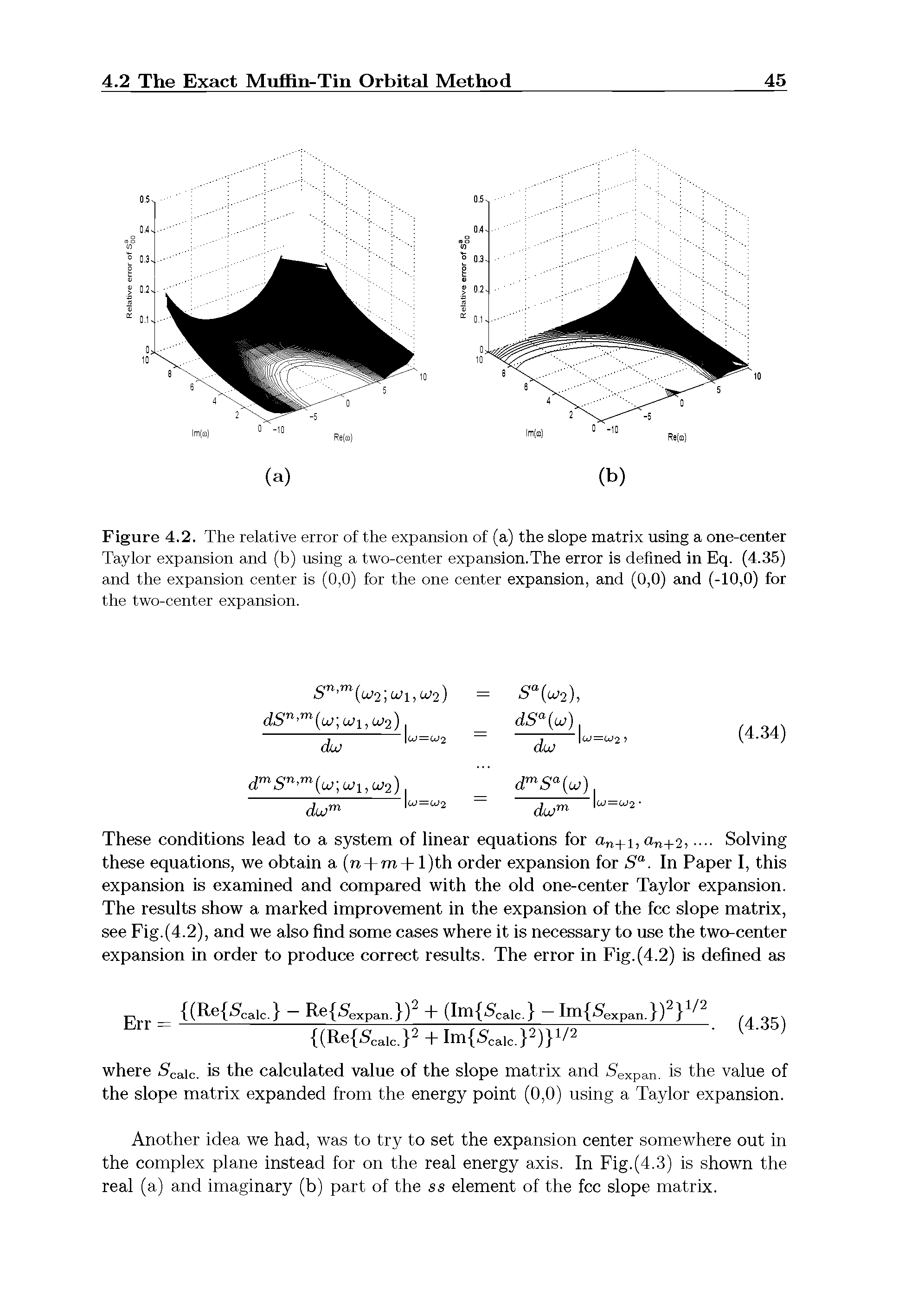 Figure 4.2. The relative error of the expansion of (a) the slope matrix using a one-center Taylor expansion and (b) using a two-center expansion.The error is defined in Eq. (4.35) and the expansion center is (0,0) for the one center expansion, and (0,0) and (-10,0) for the two-center expansion.