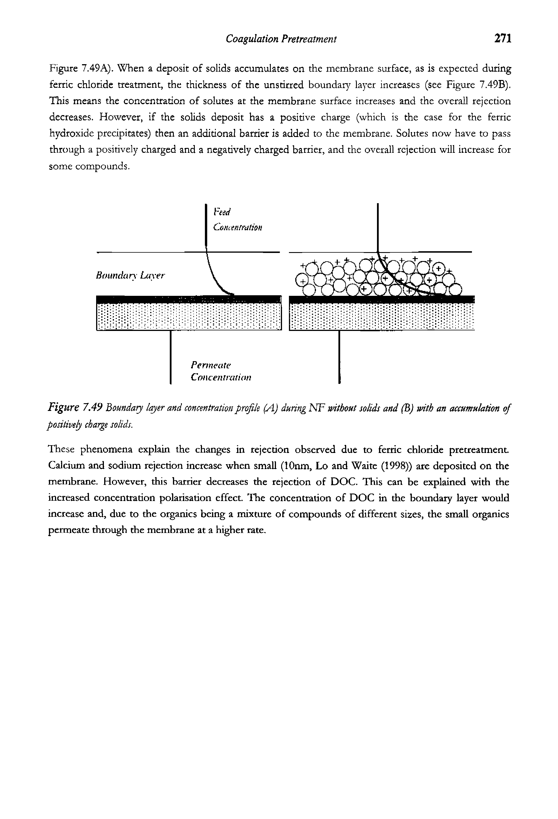 Figure 7.49A). When a deposit of solids accumulates on the membrane surface, as is expected during ferric chloride treatment, the thickness of the unstirred boundar) layer increases (see Figure 7.49B). This means the concentration of solutes at the membrane surface increases and the overall rejection decreases. However, if the solids deposit has a positive charge (which is the case for the ferric hydroxide precipitates) then an additional barrier is added to the membrane. Solutes now have to pass through a positively charged and a negatively charged barrier, and the overall rejection will increase for some compounds.