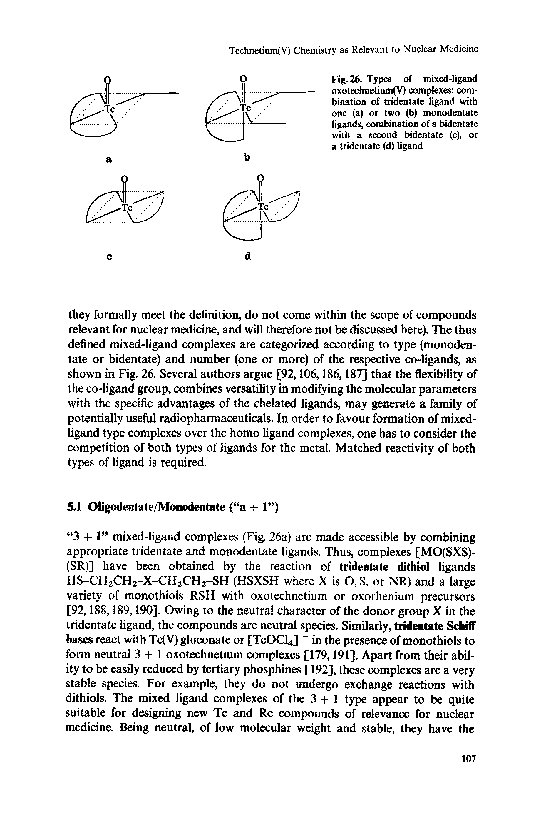 Fig. 26. Types of mixed-ligand oxotechnetium V) complexes combination of tridentate ligand with one (a) or two (b) monodentate ligands, combination of a bidentate with a second bidentate (c), or a tridentate (d) ligand...