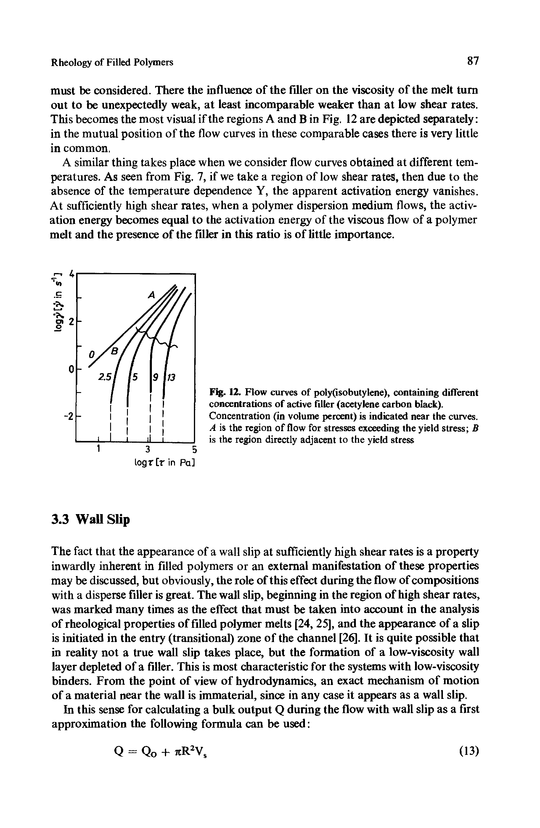 Fig. 12. Flow curves of poly(isobutylene), containing different concentrations of active filler (acetylene carbon black). Concentration (in volume percent) is indicated near the curves. A is the region of flow for stresses exceeding the yield stress B is the region directly adjacent to the yield stress...
