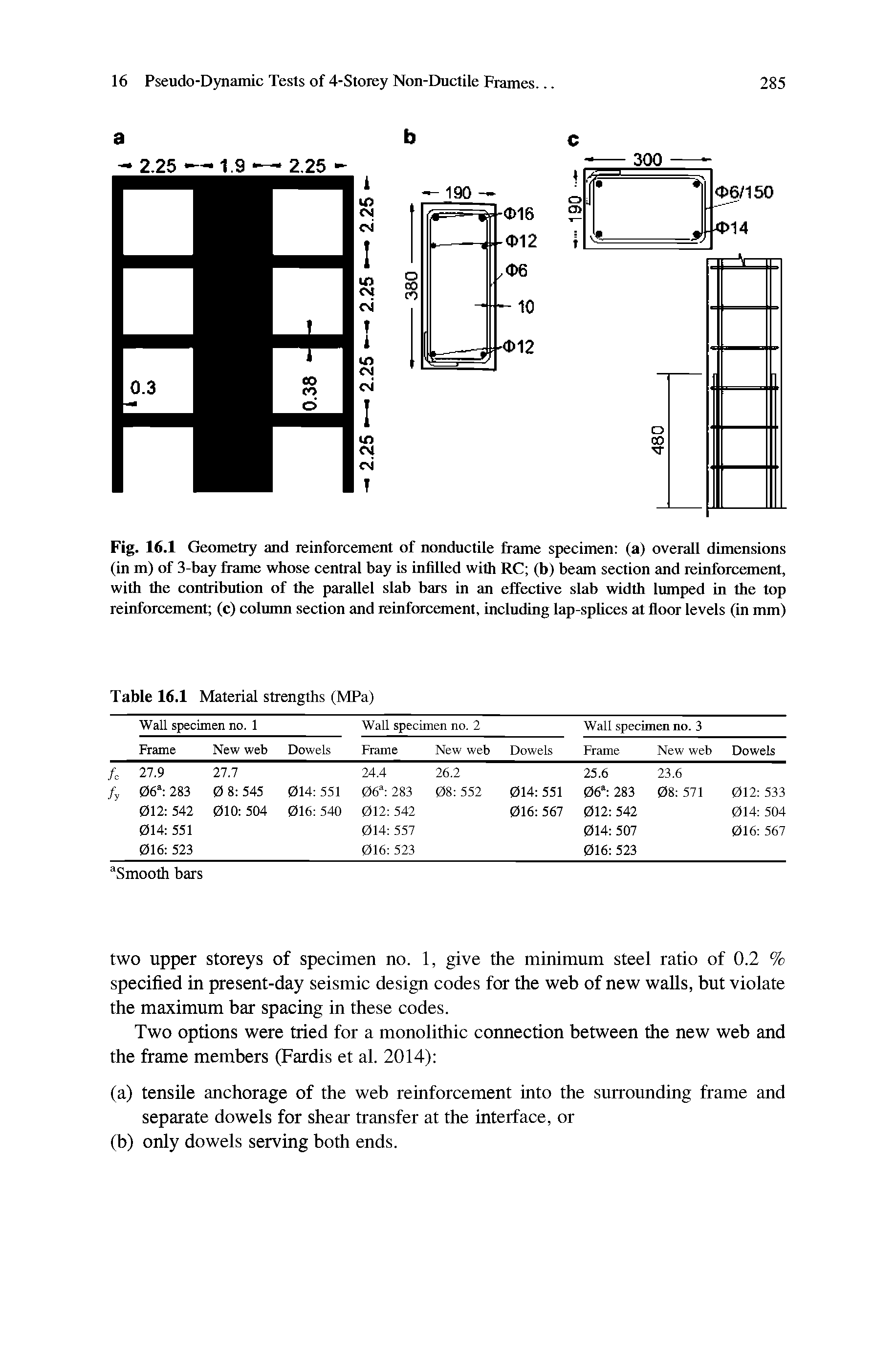 Fig. 16.1 Geometry and reinforcement of nonductile frame specimen (a) overall dimensions (in m) of 3-bay frame whose central bay is infilled with RC (b) beam section and reinforcement, with the contribution of the parallel slab bars in an effective slab width lumped in the top reinforcement (c) colunm section and reinfOTcanent, including lap-splices at floor levels (in mm)...