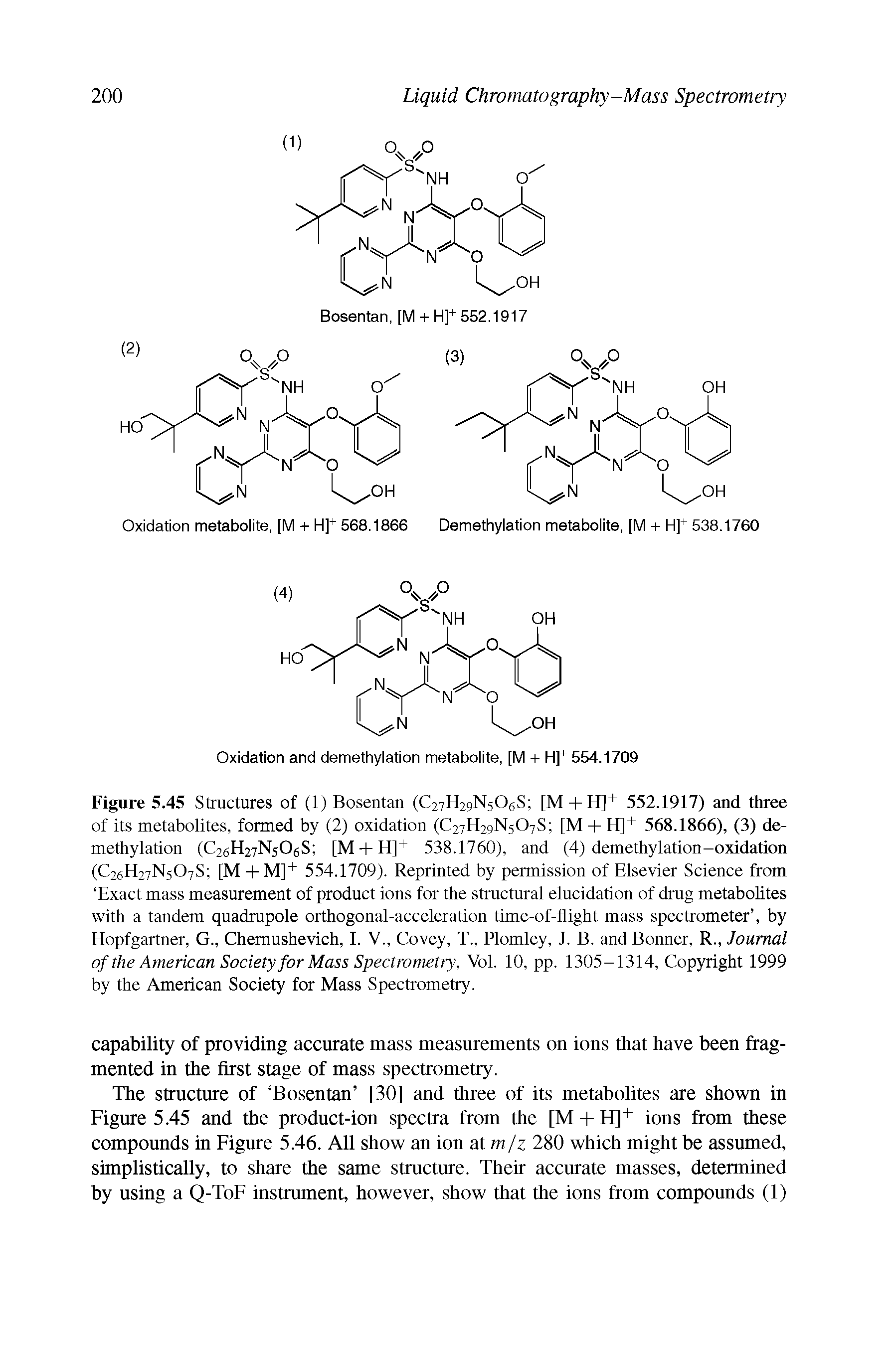 Figure 5.45 Structures of (1) Bosentan (C27H29N5O6S [M + H]+ 552.1917) and three of its metabolites, formed by (2) oxidation (C27H29N5O7S [M + H]+ 568.1866), (3) demethylation (C26H27N5O6S [M- -H]+ 538.1760), and (4) demethylation-oxidation (C26H27N5O7S [M + M]+ 554.1709). Reprinted by permission of Elsevier Science from Exact mass measurement of product ions for the structural elucidation of drug metabolites with a tandem quadrupole orthogonal-acceleration time-of-flight mass spectrometer , by Hopfgartner, G., Chemushevich, I. V., Covey, T., Plomley, 1. B. and Bonner, R., Journal of the American Society for Mass Spectrometry, Vol. 10, pp. 1305-1314, Copyright 1999 by the American Society for Mass Spectrometry.