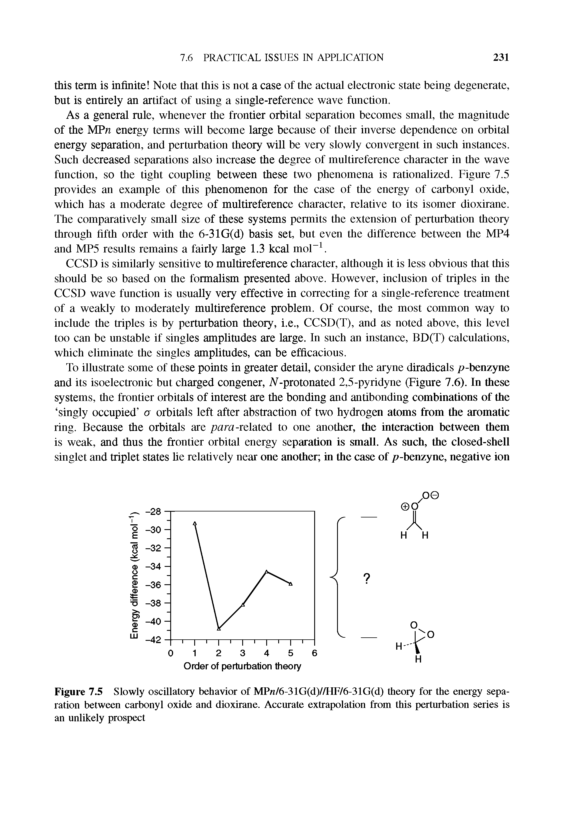 Figure 7.5 Slowly oscillatory behavior of MP /6-31G(d)//HF/6-31G(d) theory for the energy separation between carbonyl oxide and dioxirane. Accurate extrapolation from this perturbation series is an unlikely prospect...