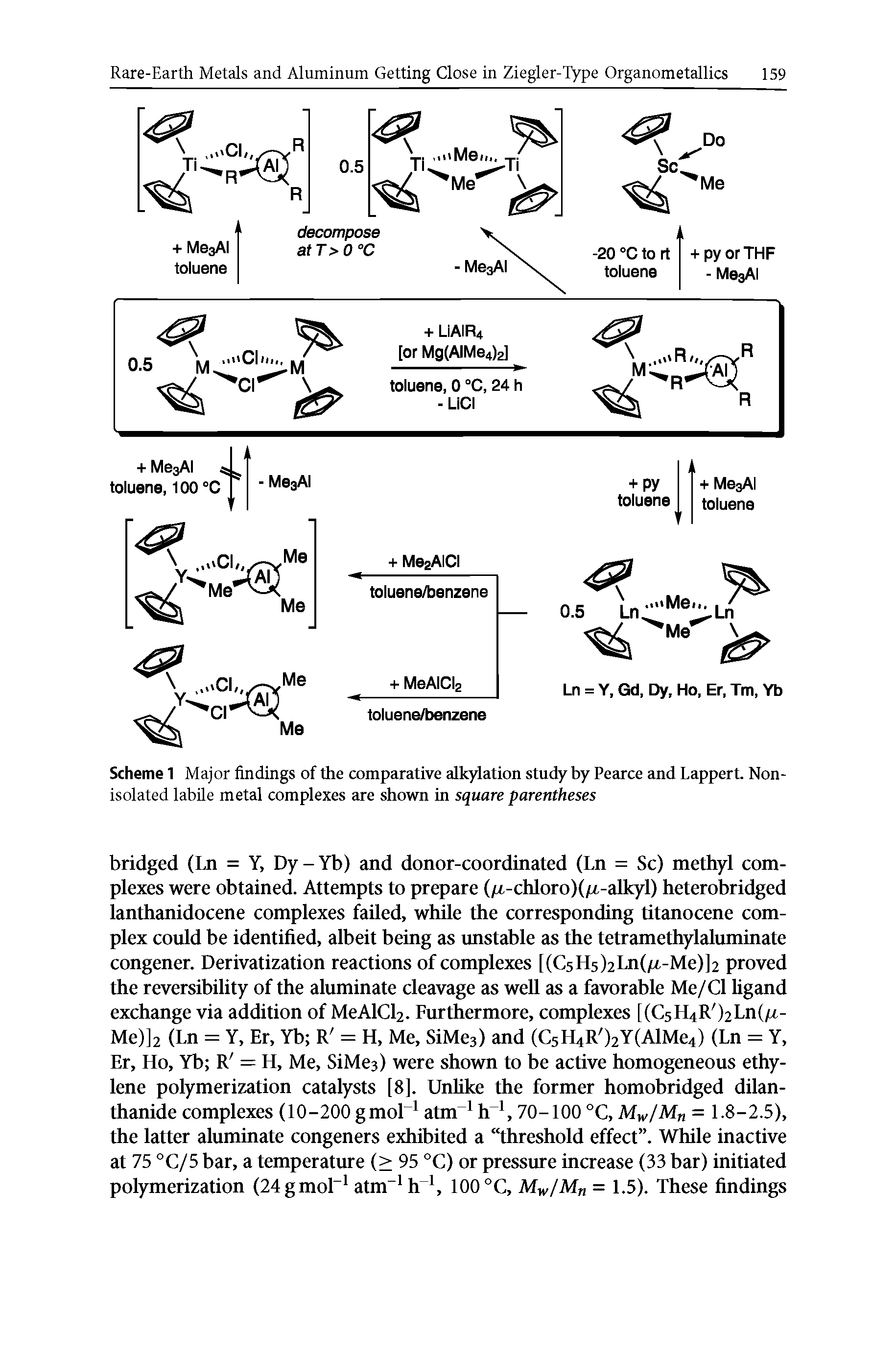 Scheme 1 Major findings of the comparative alkylation study by Pearce and Lappert. Nonisolated labile metal complexes are shown in square parentheses...
