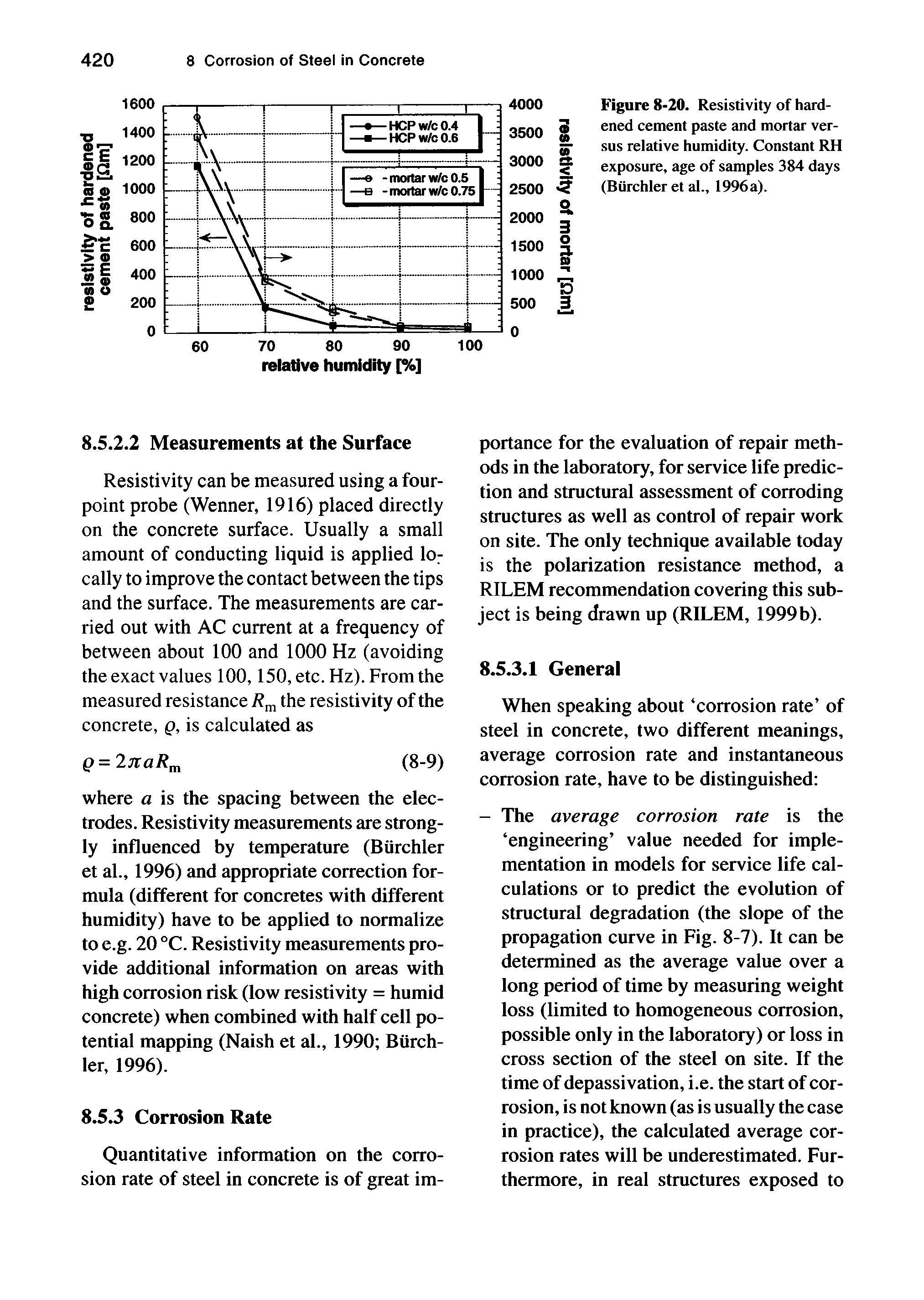 Figure 8-20. Resistivity of hardened cement paste and mortar versus relative humidity. Constant RH exposure, age of samples 384 days (Biirchler et al., 1996a).