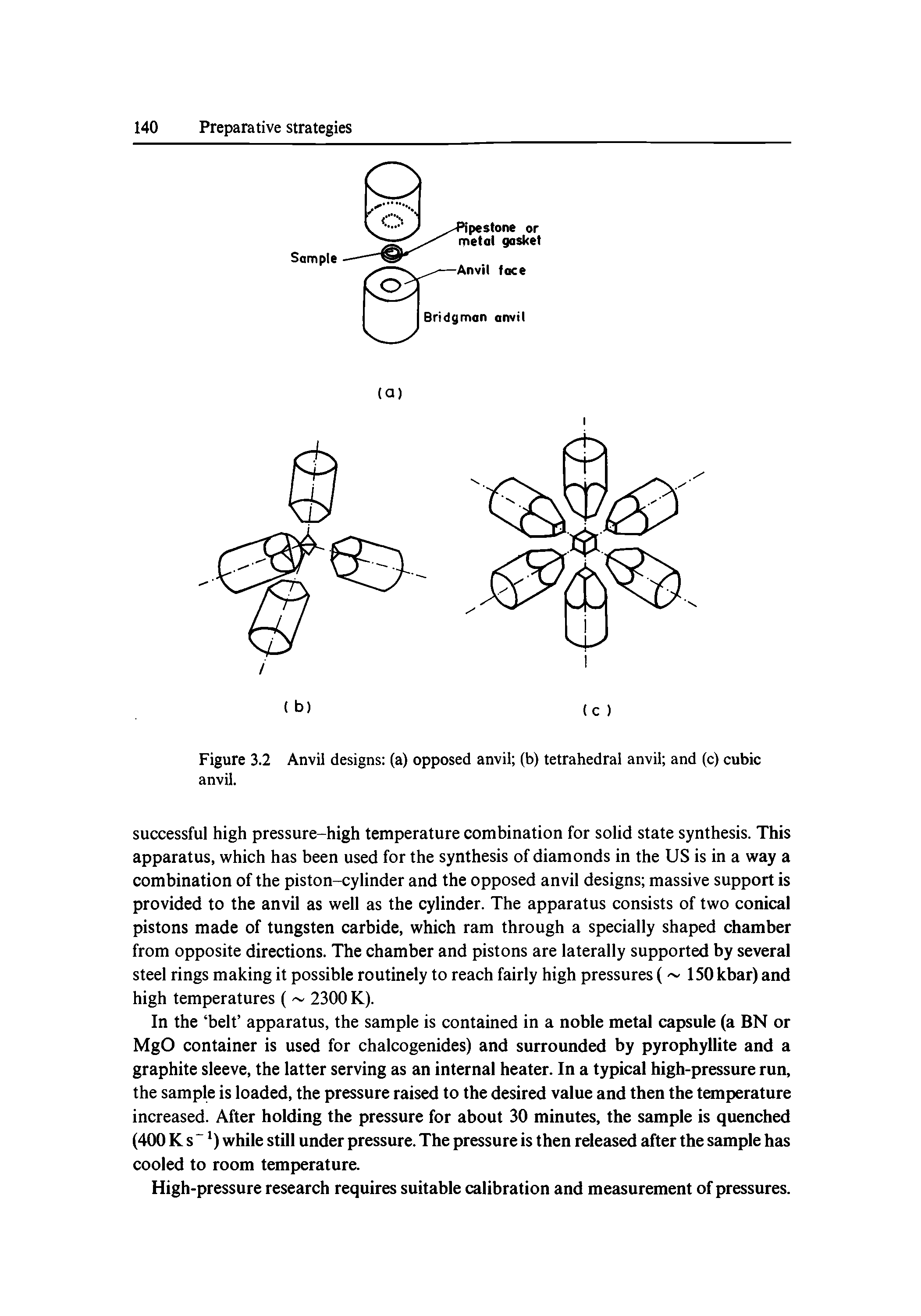 Figure 3.2 Anvil designs (a) opposed anvil (b) tetrahedral anvil and (c) cubic anvil.