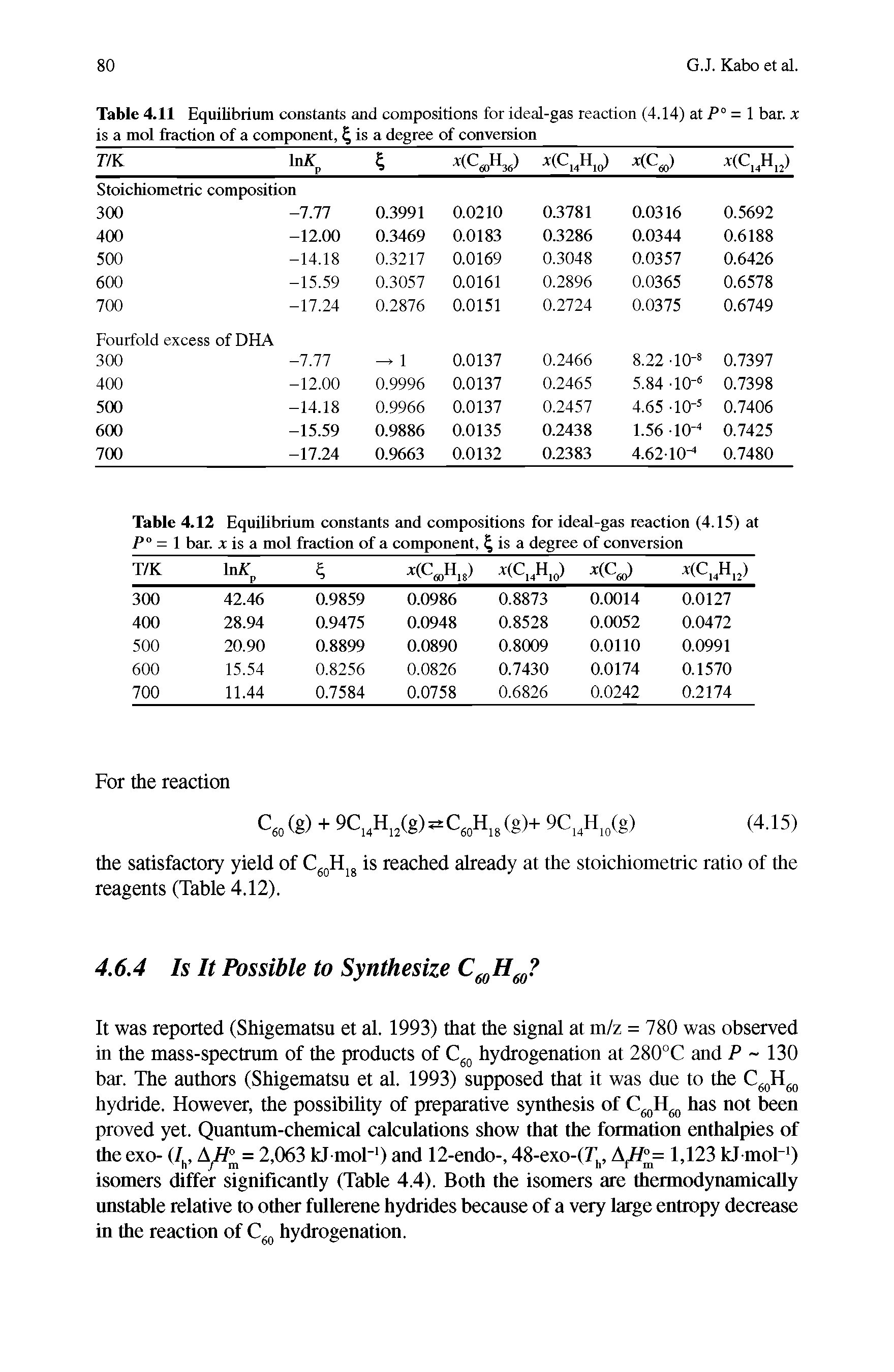 Table 4.11 Equilibrium constants and compositions for ideal-gas reaction (4.14) at P° = 1 bar. x is a mol fraction of a component, is a degree of conversion...