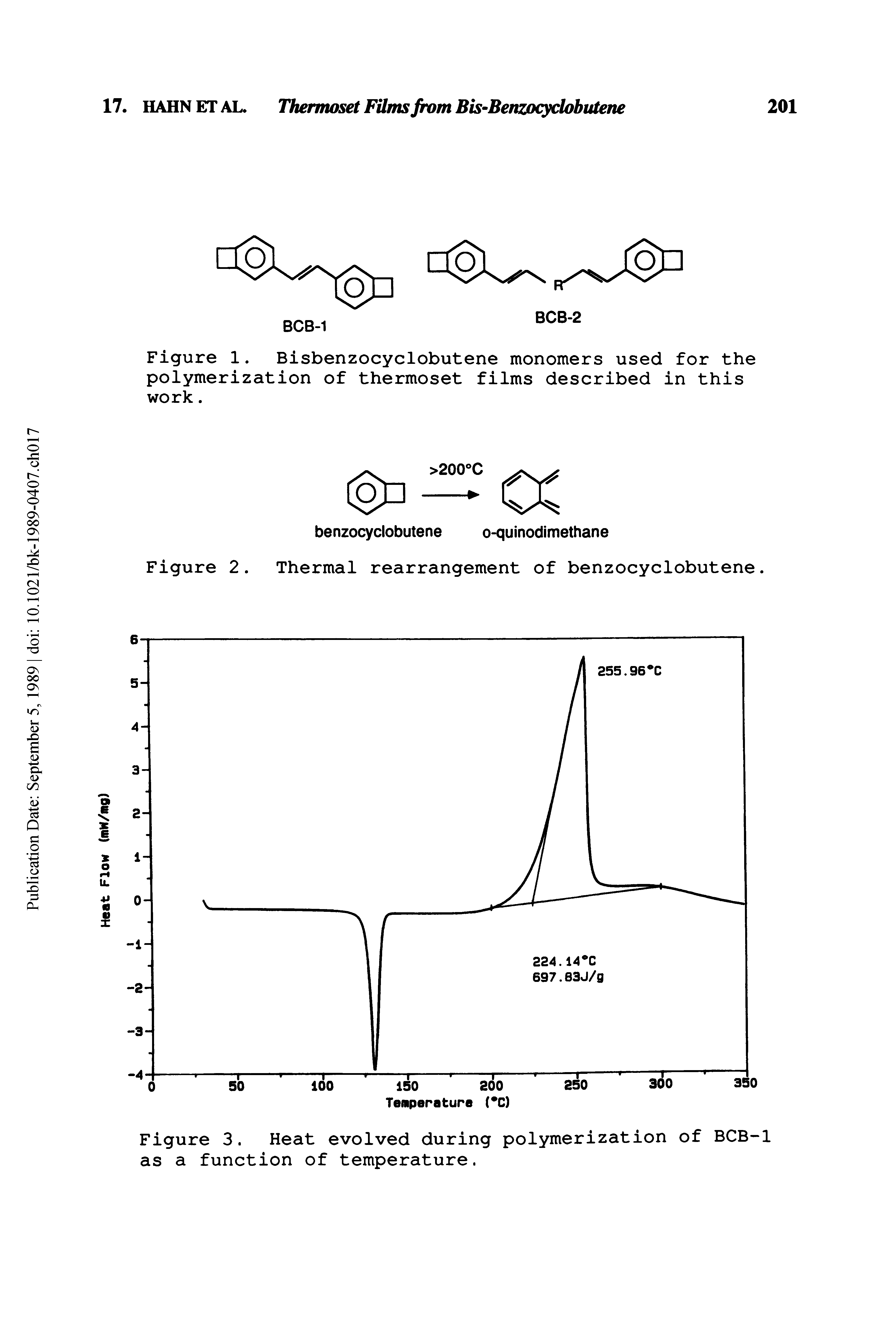 Figure 3. Heat evolved during polymerization of BCB-1 as a function of temperature.