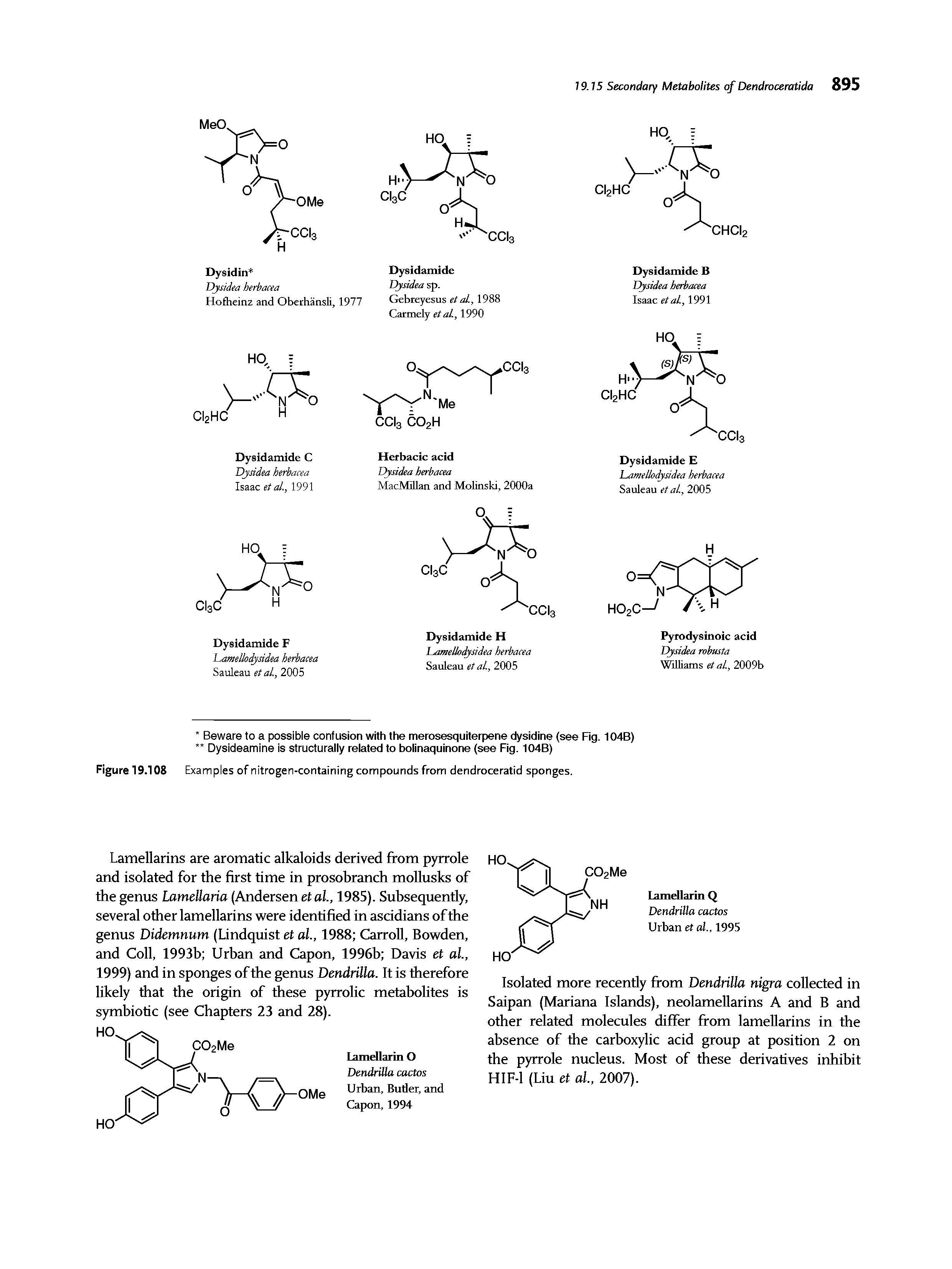 Figure 19.108 Examples of nitrogen-containing compounds from dendroceratid sponges.