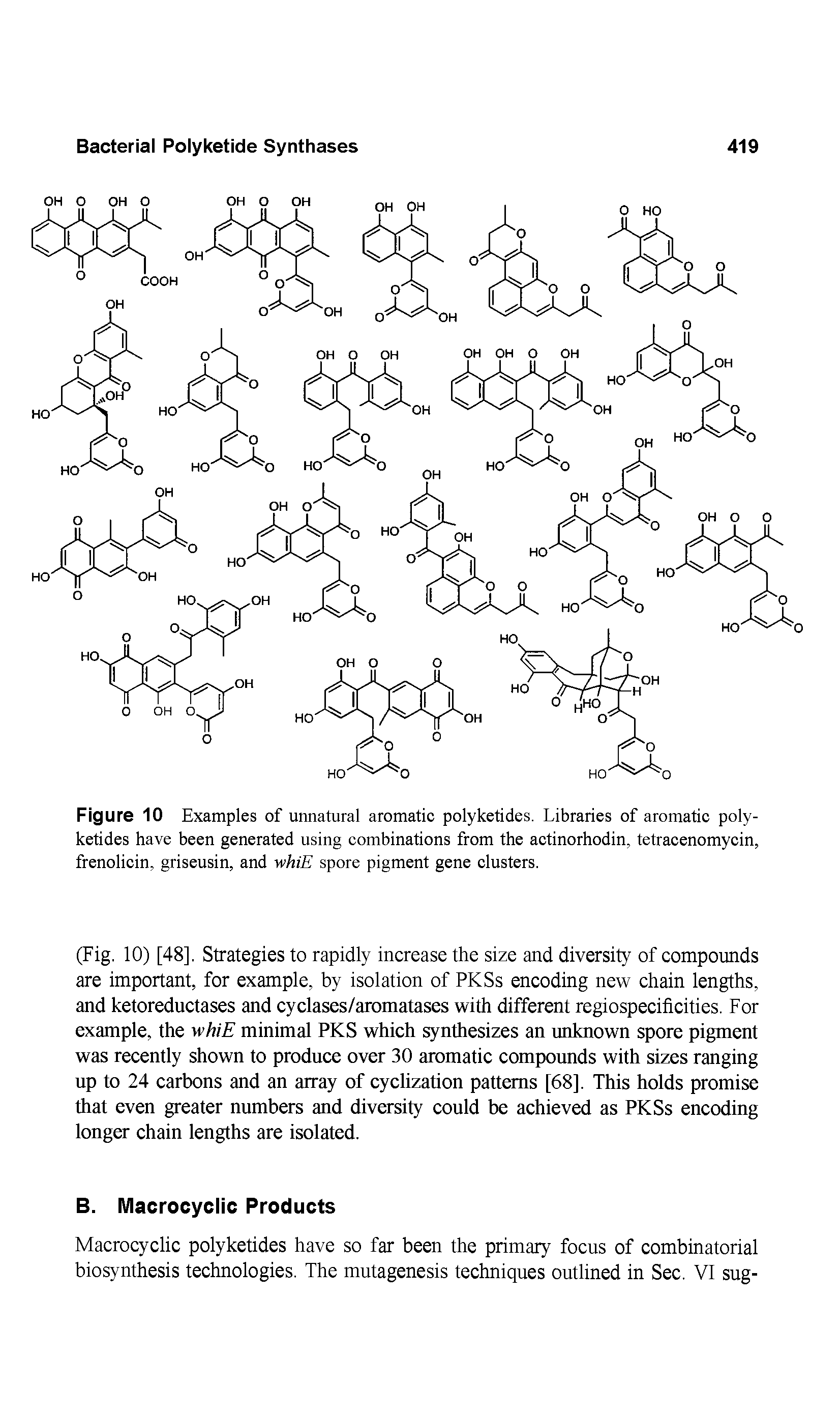 Figure 10 Examples of unnatural aromatic polyketides. Libraries of aromatic poly-ketides have been generated using combinations from the actinorhodin, tetracenomycin, frenolicin, griseusin, and whiE spore pigment gene clusters.