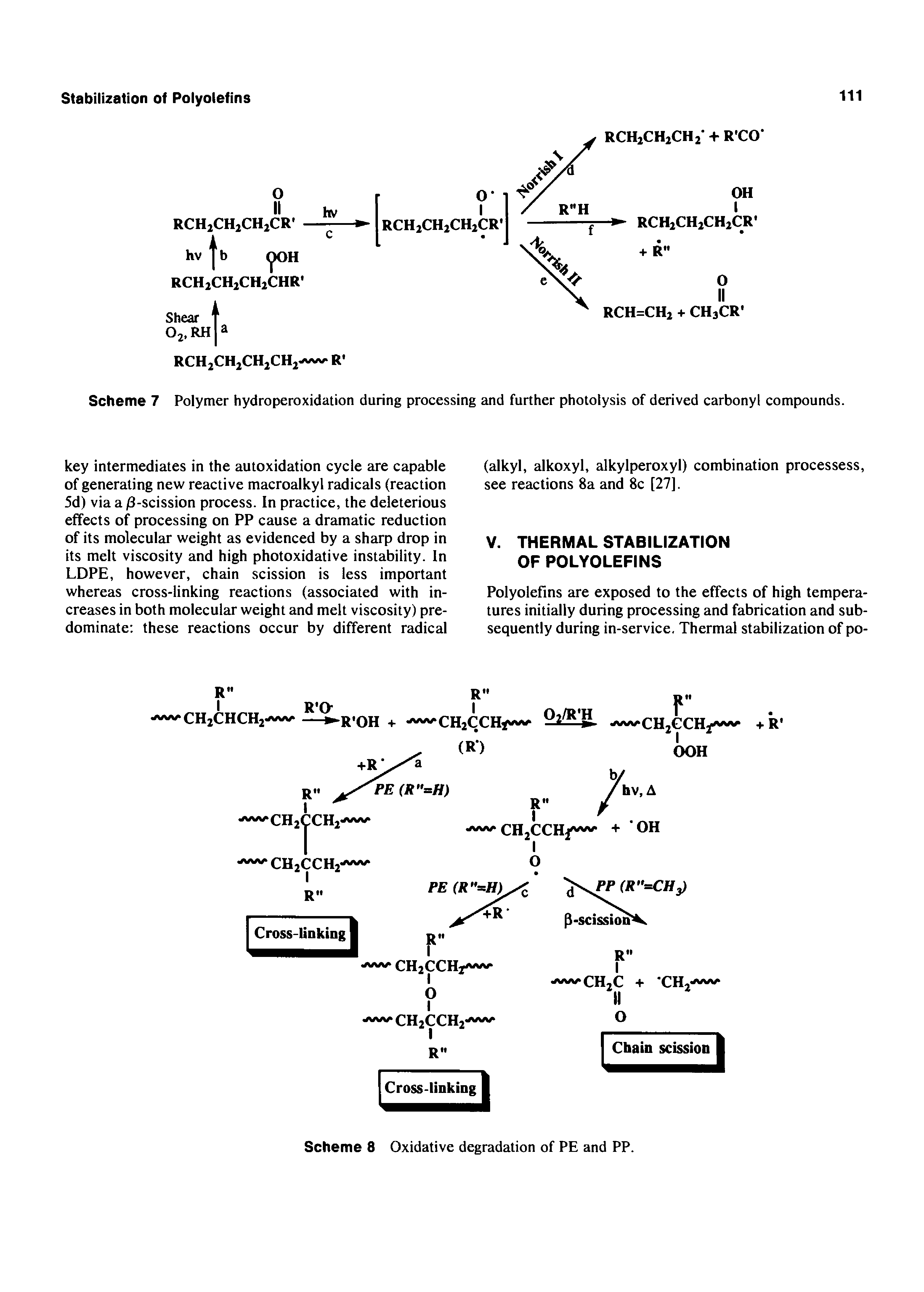 Scheme 7 Polymer hydroperoxidation during processing and further photolysis of derived carbonyl compounds.